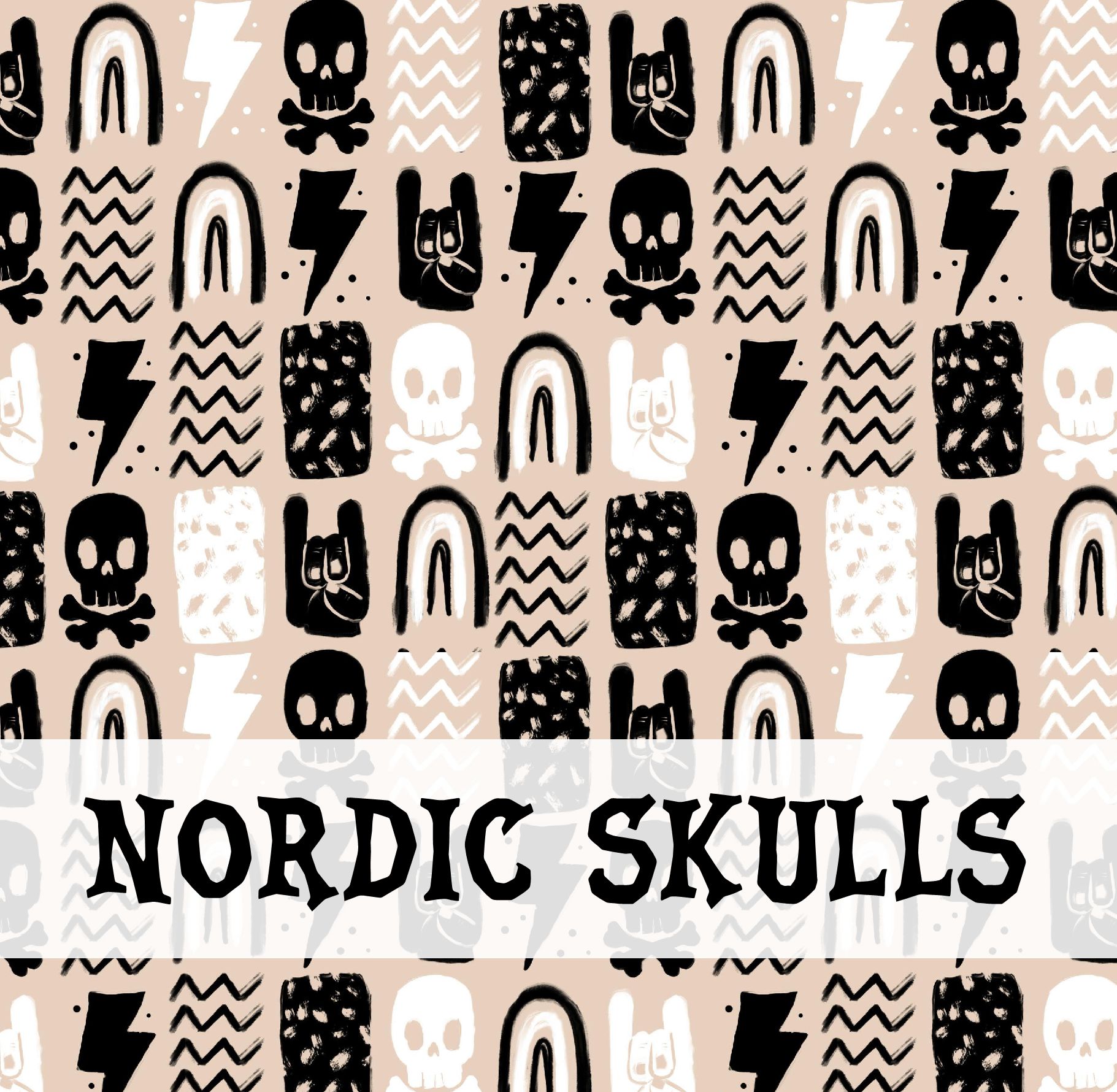 Padrão gráfico com crânios, mãos a fazer sinais e texto NORDIC SKULLS