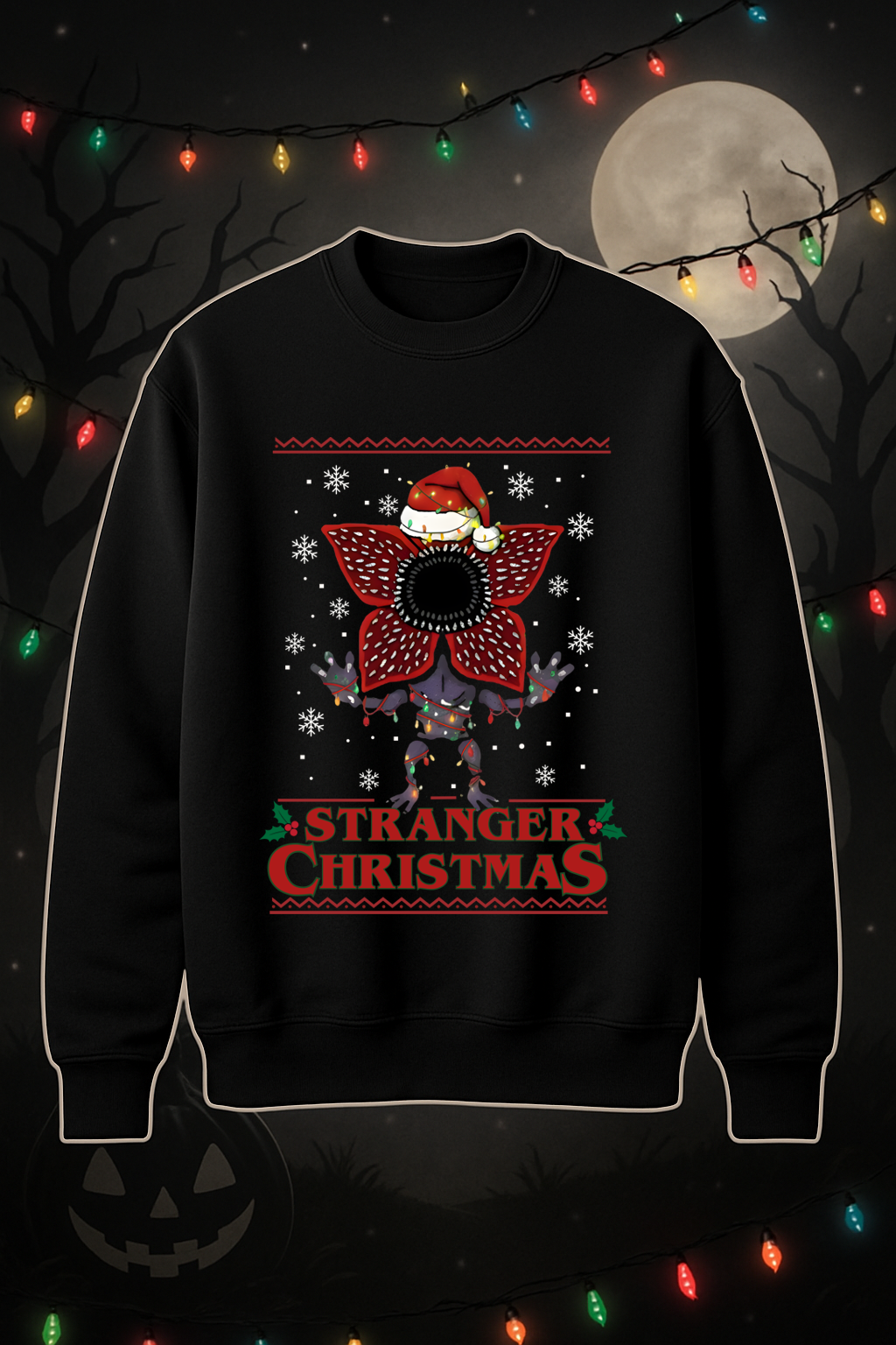 Sweatshirt preta com estampa natalícia e personagem com gorro de Pai Natal