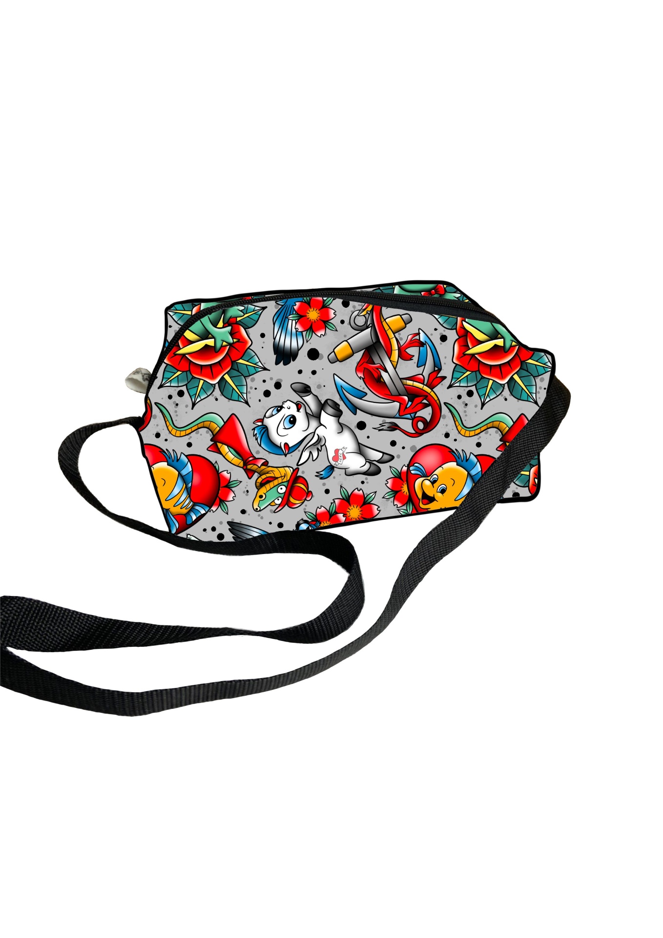 Bolsa pequena colorida com padrão de tatuagem tradicional e alça preta ajustável