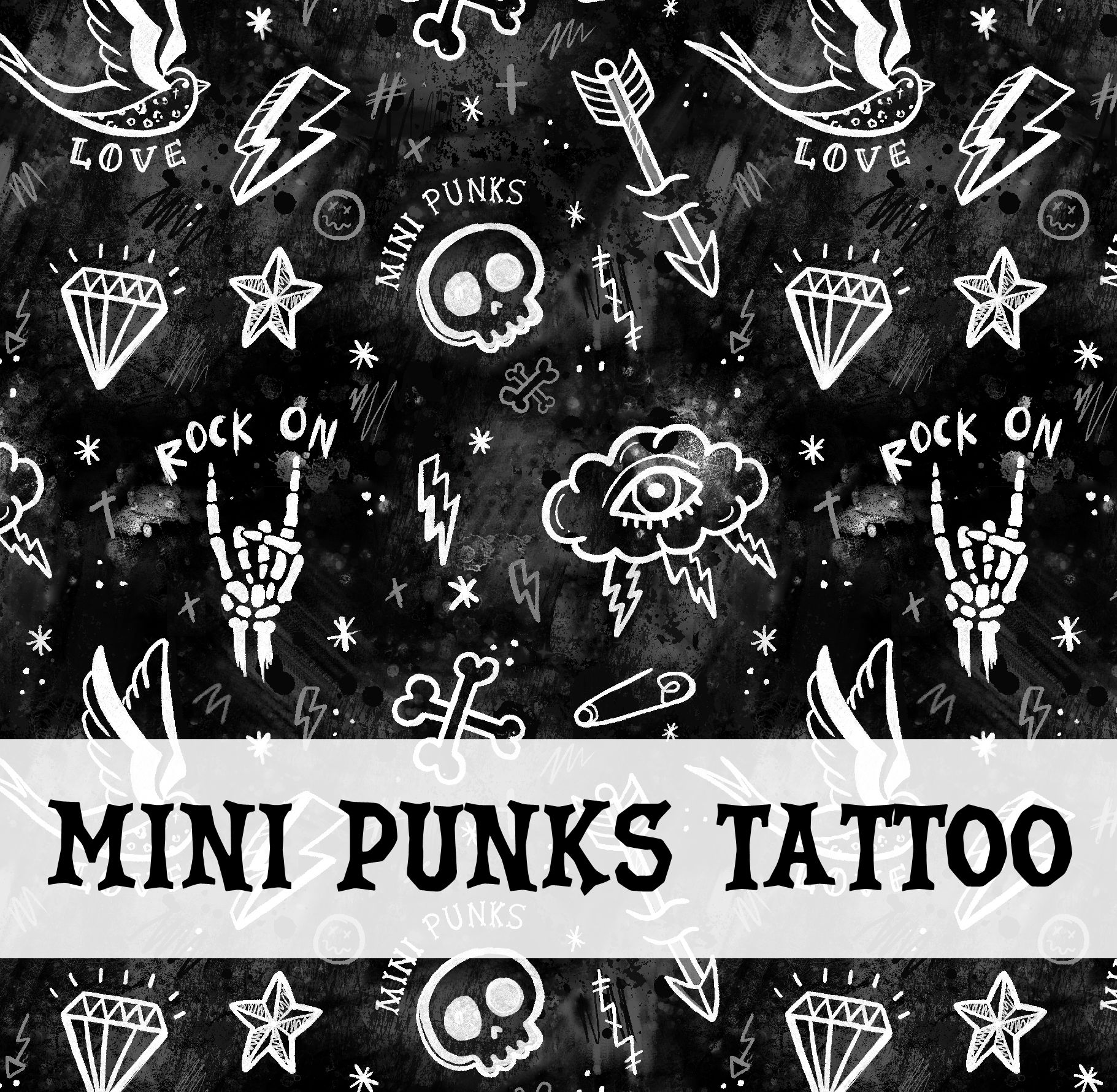 Padrão preto com desenhos brancos de caveiras, mãos Rock On, diamantes, estrelas, relâmpagos, com texto MINI PUNKS TATTOO