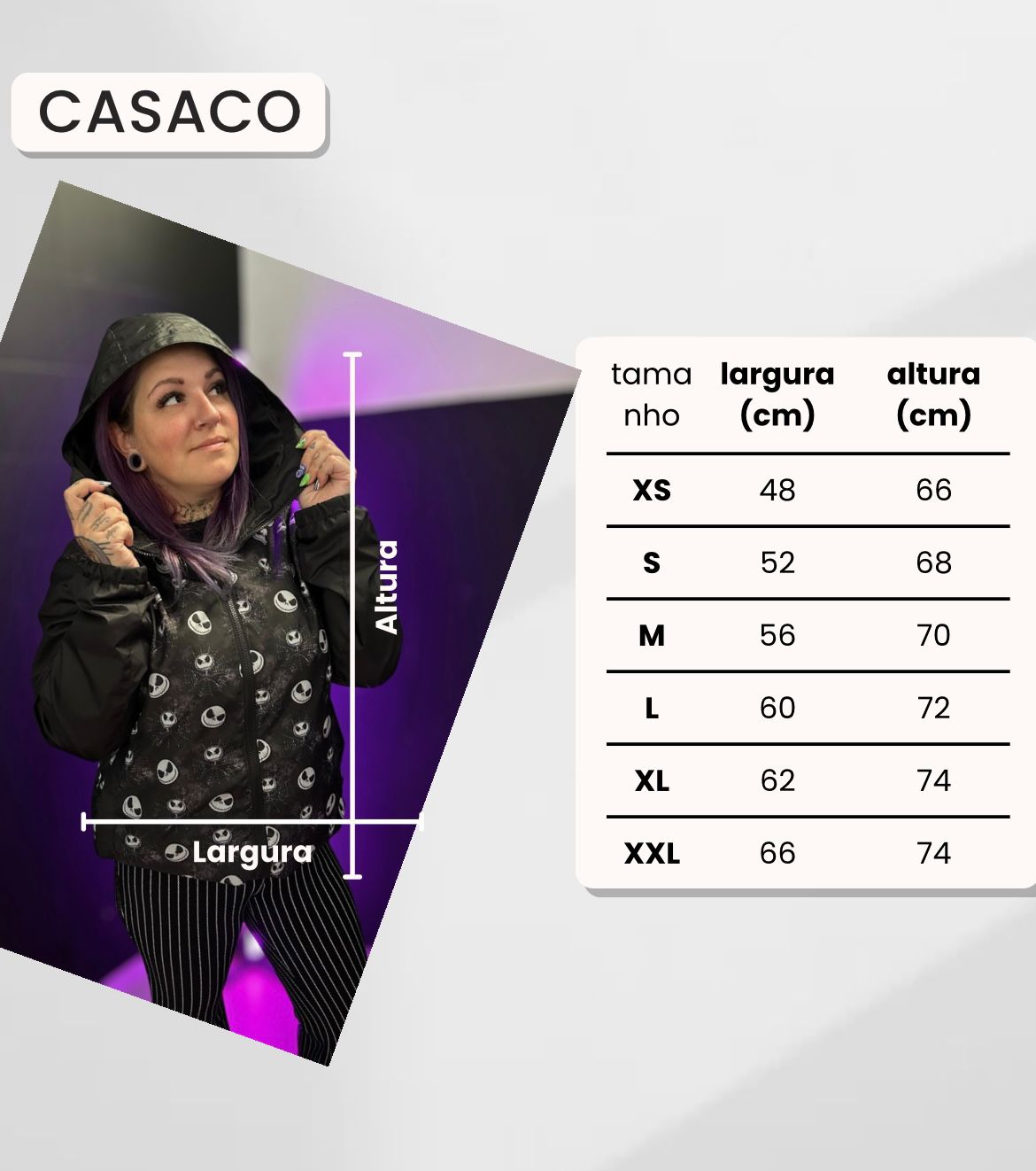 Casaco preto com padrão de caveiras e tabela de tamanhos
