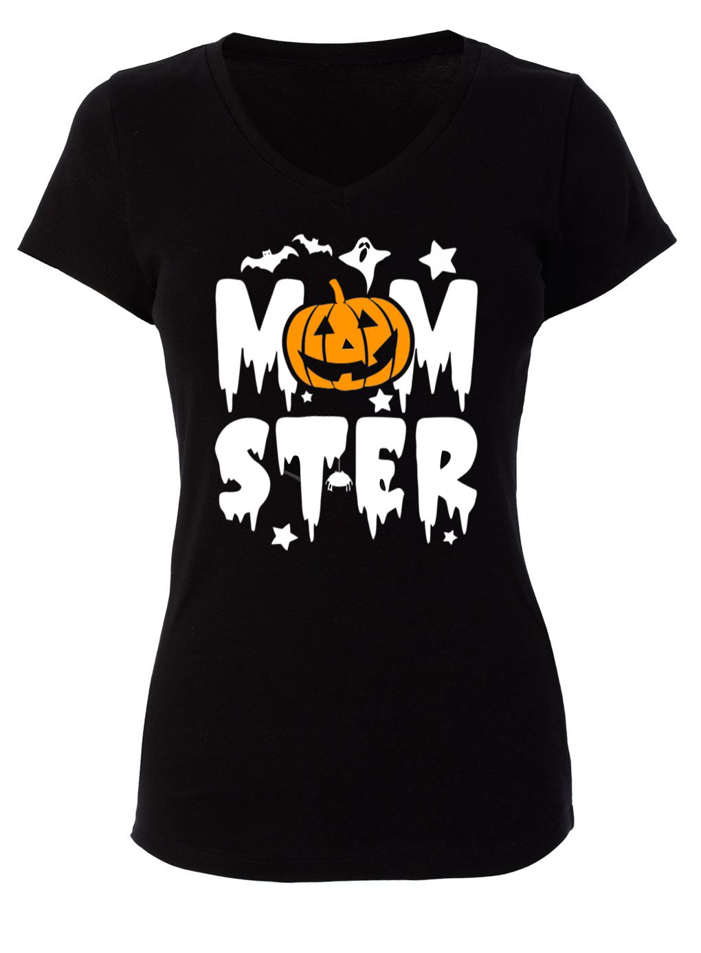 T-shirt preta feminina com estampado de Halloween com abóbora e texto 'MONSTER'.