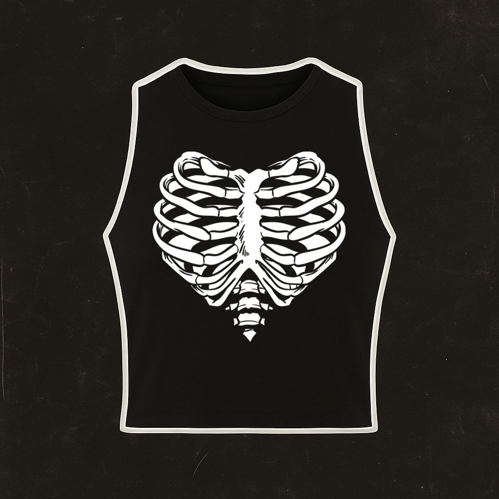 Camisola preta sem mangas com estampado branco de uma caixa torácica