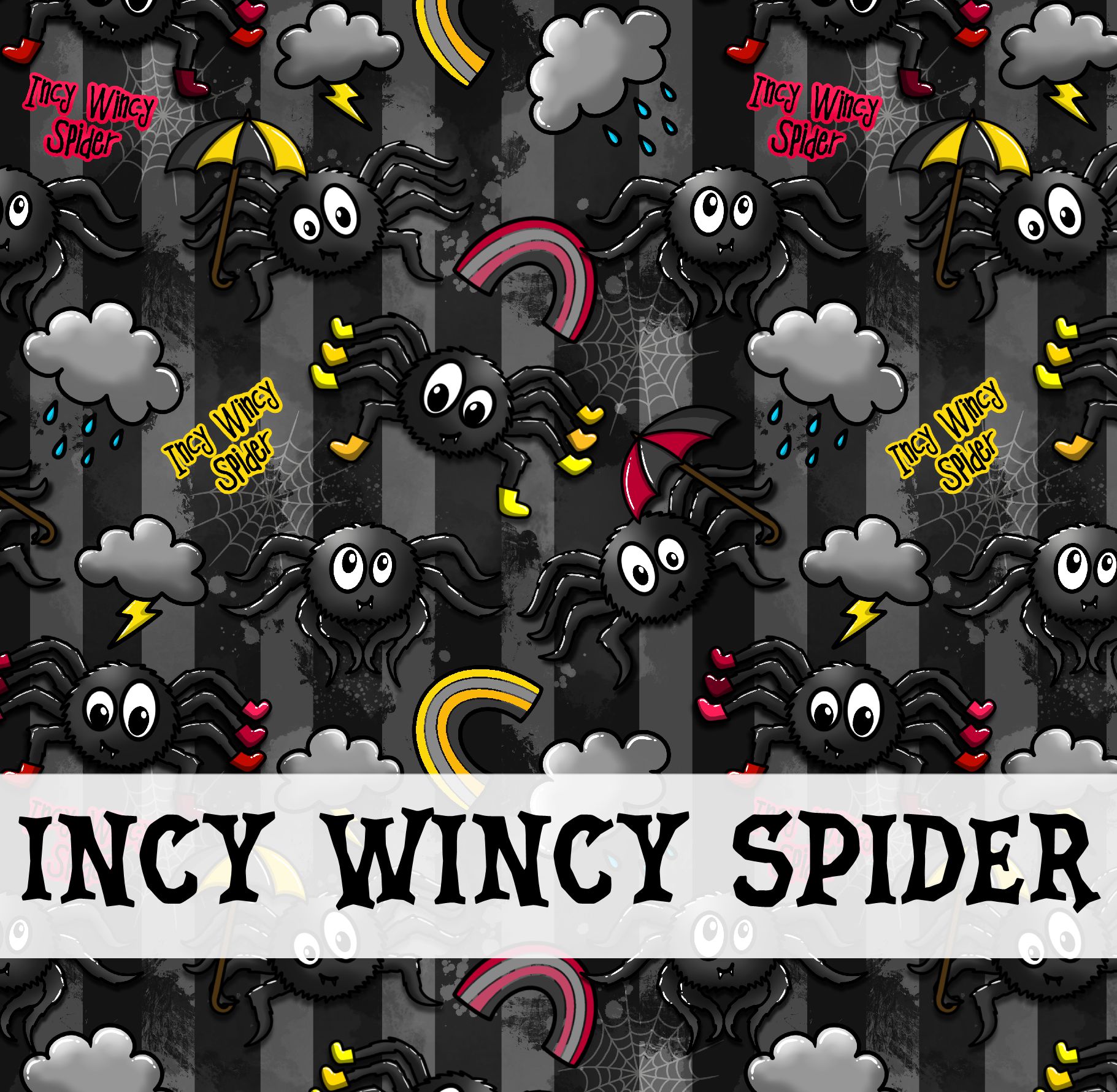 Tecido com padrão de aranhas, guarda-chuvas, nuvens, arco-íris e teias com texto Incy Wincy Spider