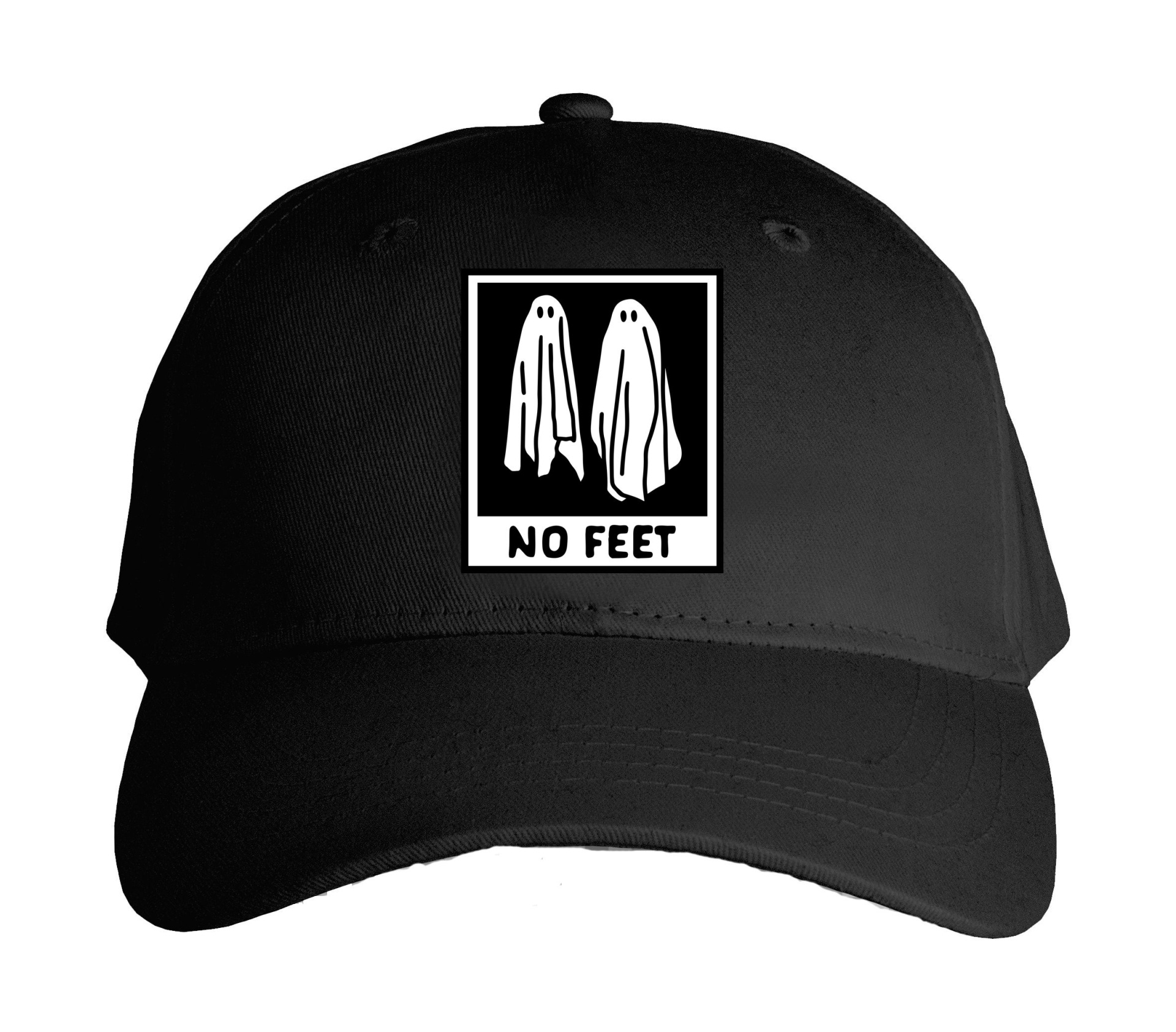 Boné preto com design gráfico frontal e texto 'NO FEET'