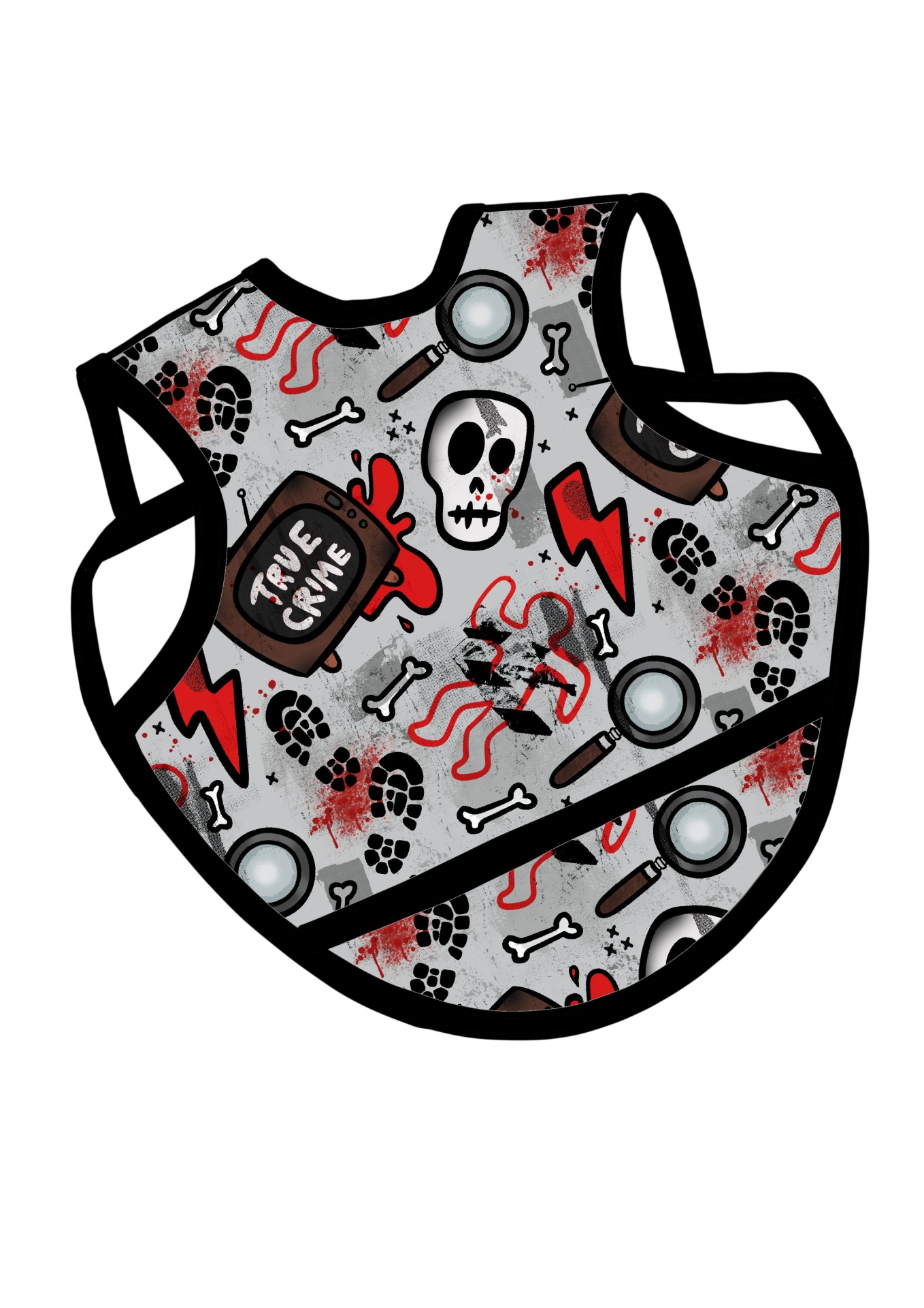 Colete cinzento e preto para animais com padrões de caveira, ossos, pegadas e texto 'TRUE CRIME'.