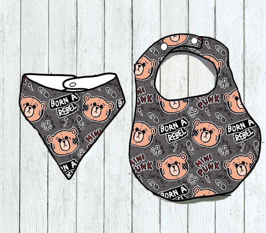 Babete para bebé com padrão de ursos e texto BORN A REBEL e MINI PUNK cinza escuro