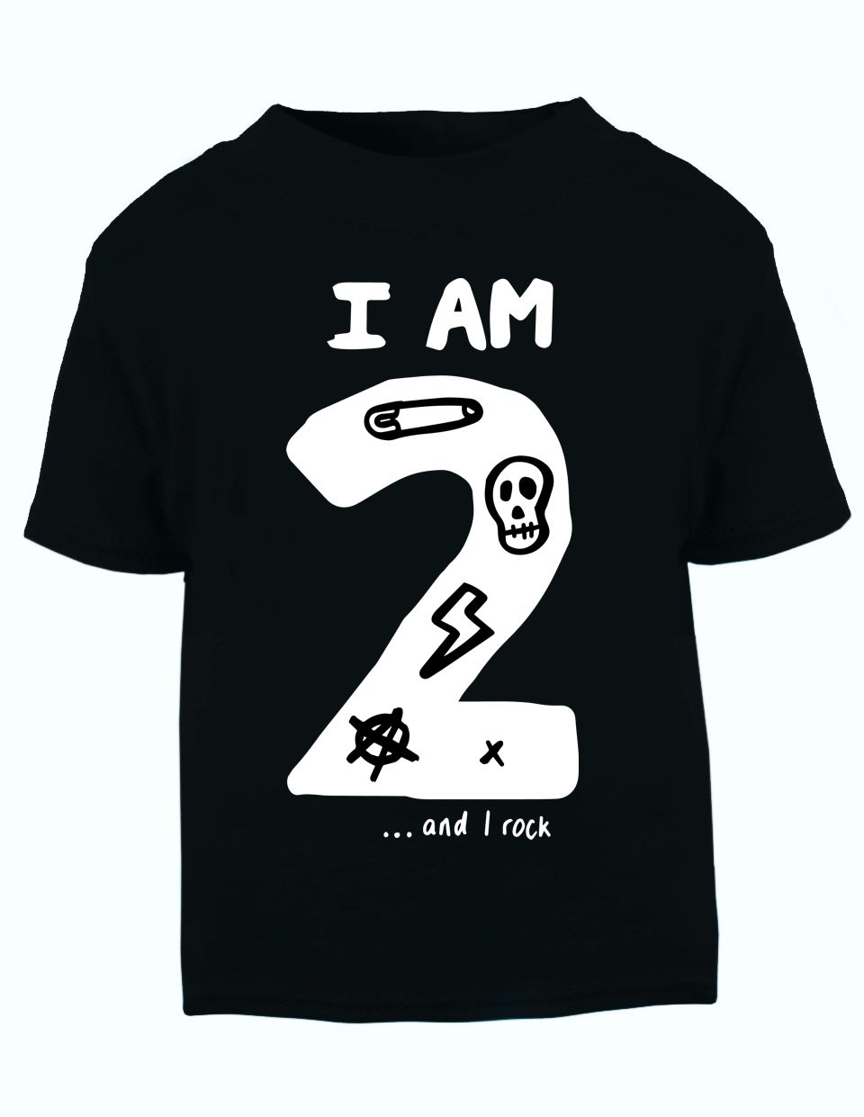 T-shirt preta com grande número 2 e texto 'I AM 2 ... and I rock'