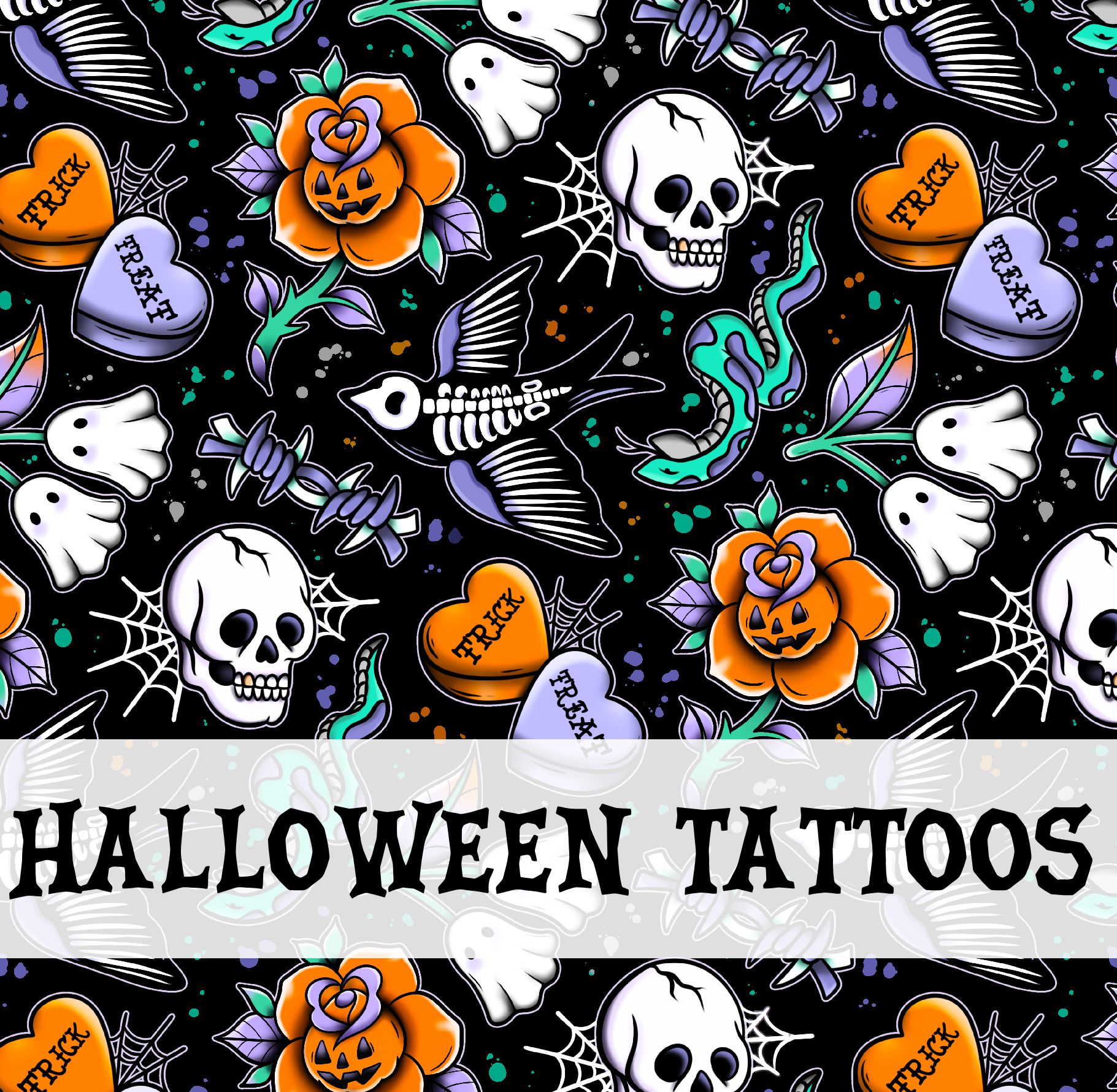 Desenhos de tatuagens de Halloween com caveiras, corações com texto, flores, peixe e cobra sobre fundo preto