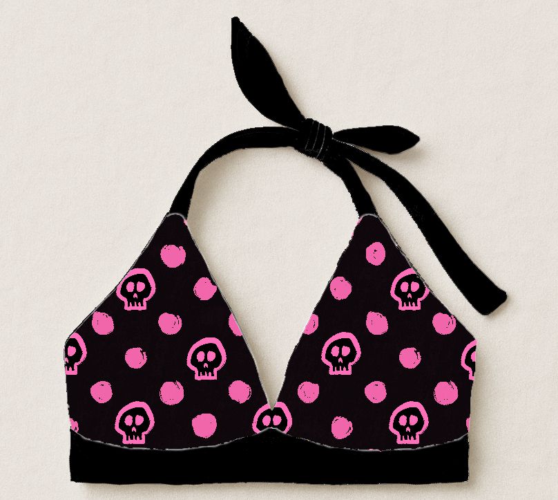 Top de biquíni preto com caveiras e pontos rosa