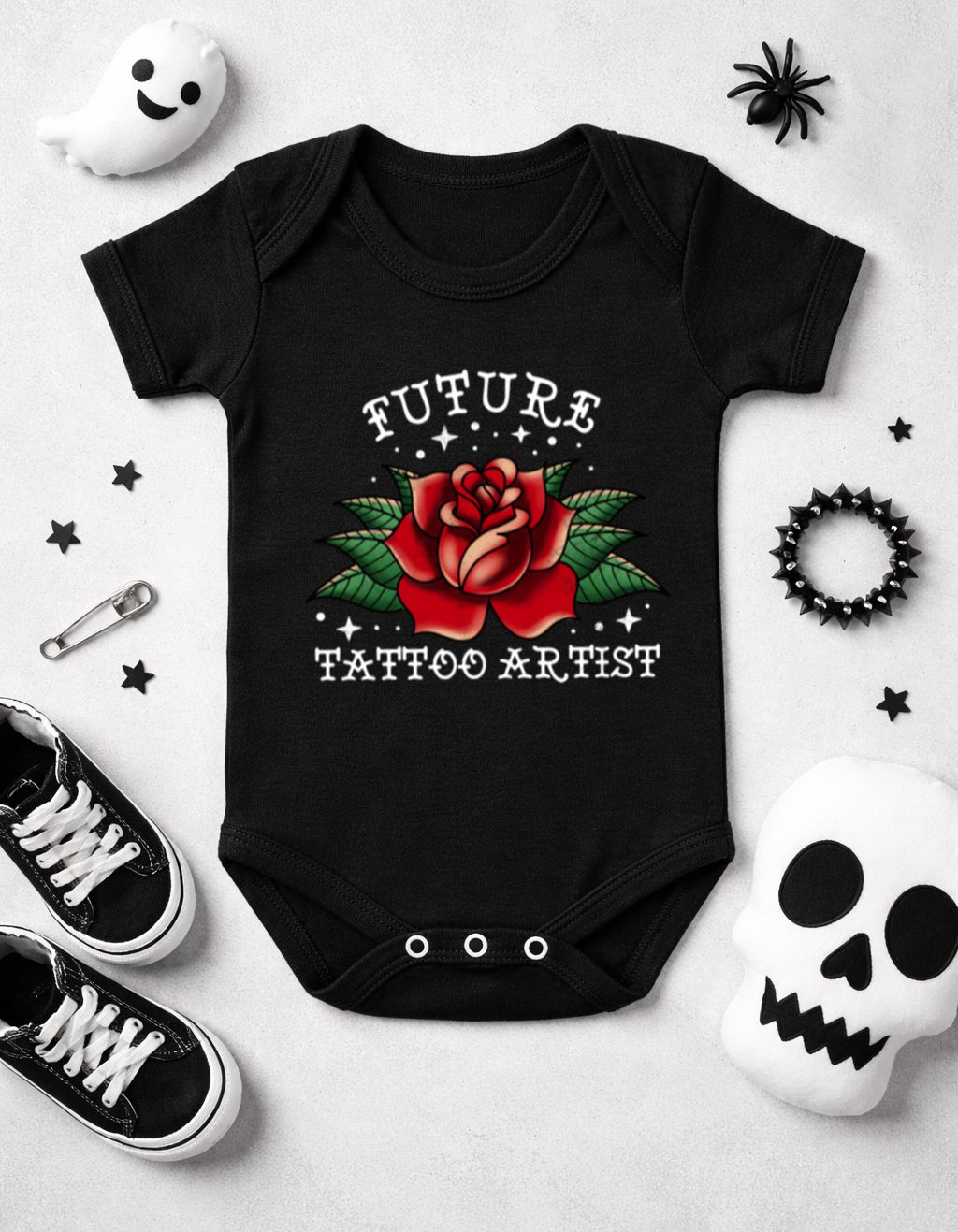 Body preto para bebé com estampa de rosa e texto FUTURE TATTOO ARTIST.