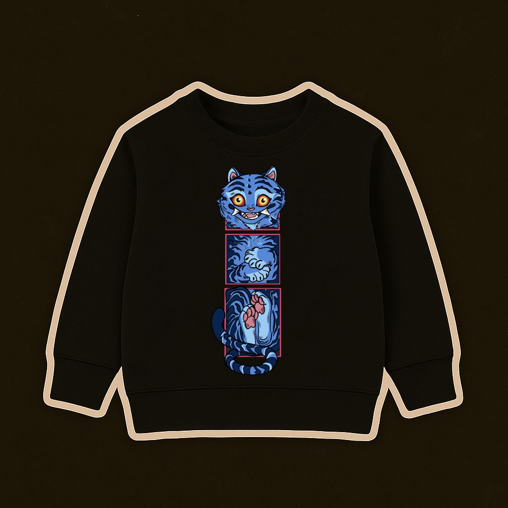 Sweatshirt preta com estampa frontal de gato azul em três quadros