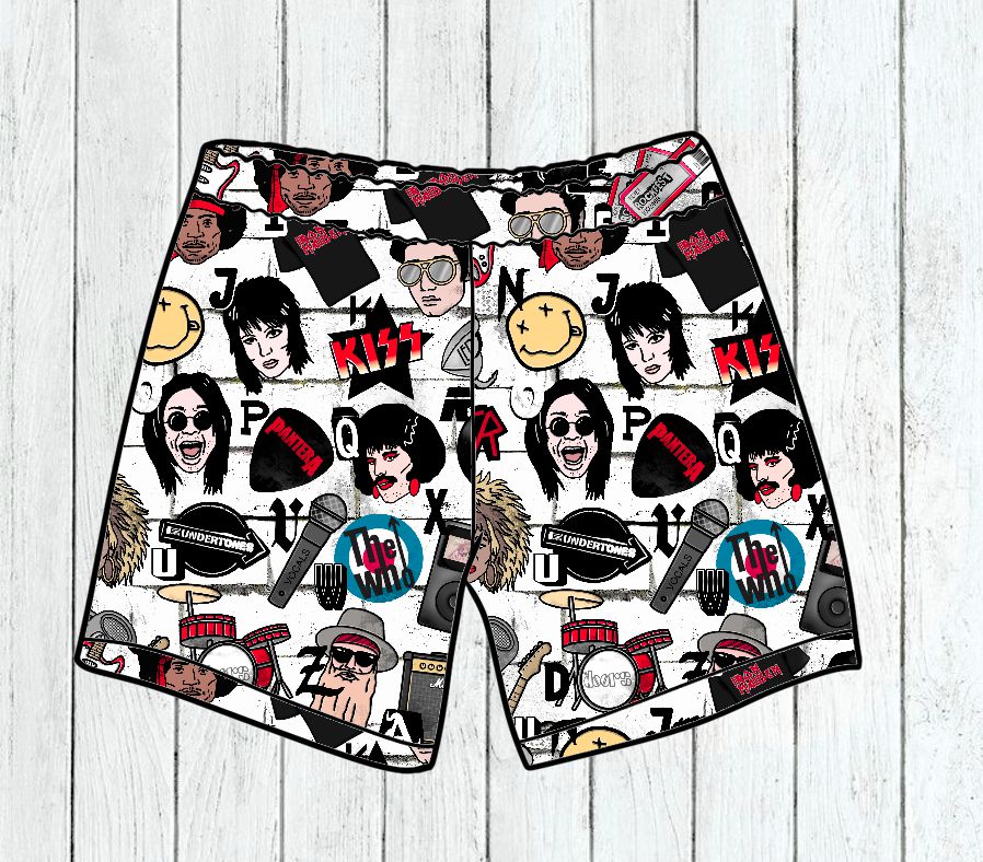 Calções de banho com padrão gráfico colorido incluindo rostos, símbolos e texto em fundo branco