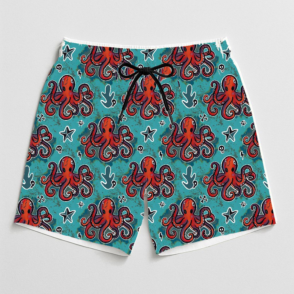 Calções de banho com padrão de polvos vermelhos em fundo azul-petróleo