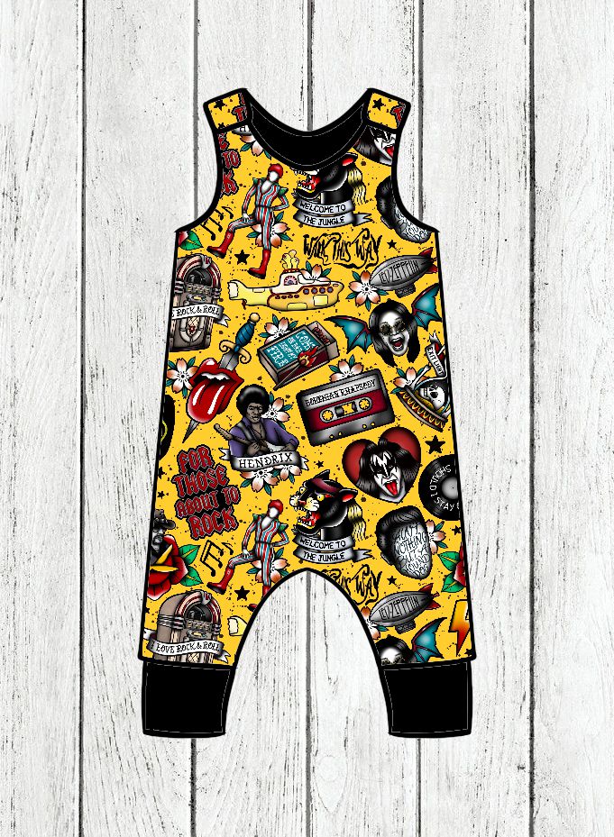 Macacão para bebé amarelo com padrão de rock and roll colorido