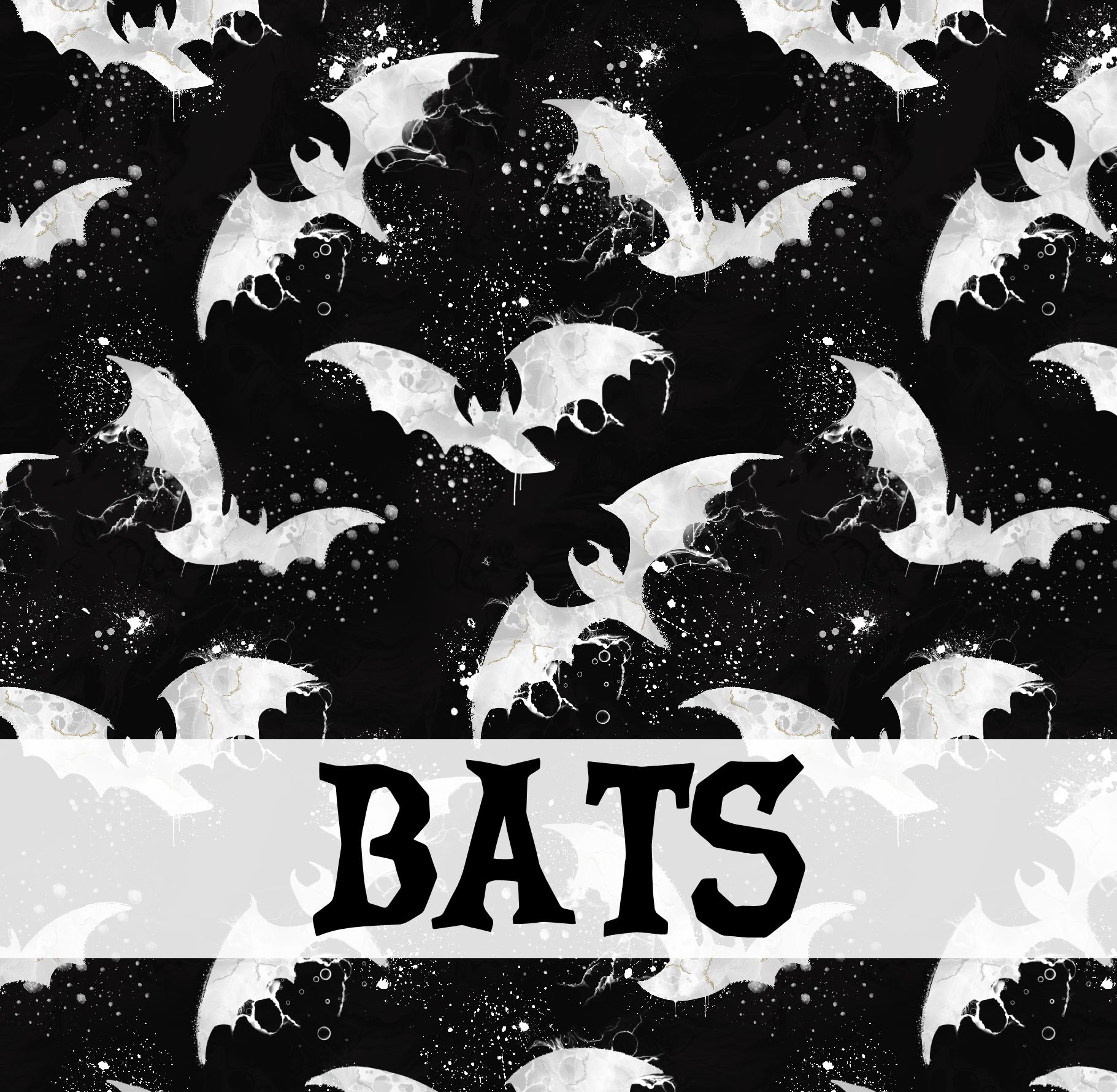 Padrão preto com morcegos brancos e texto BATS em faixa branca