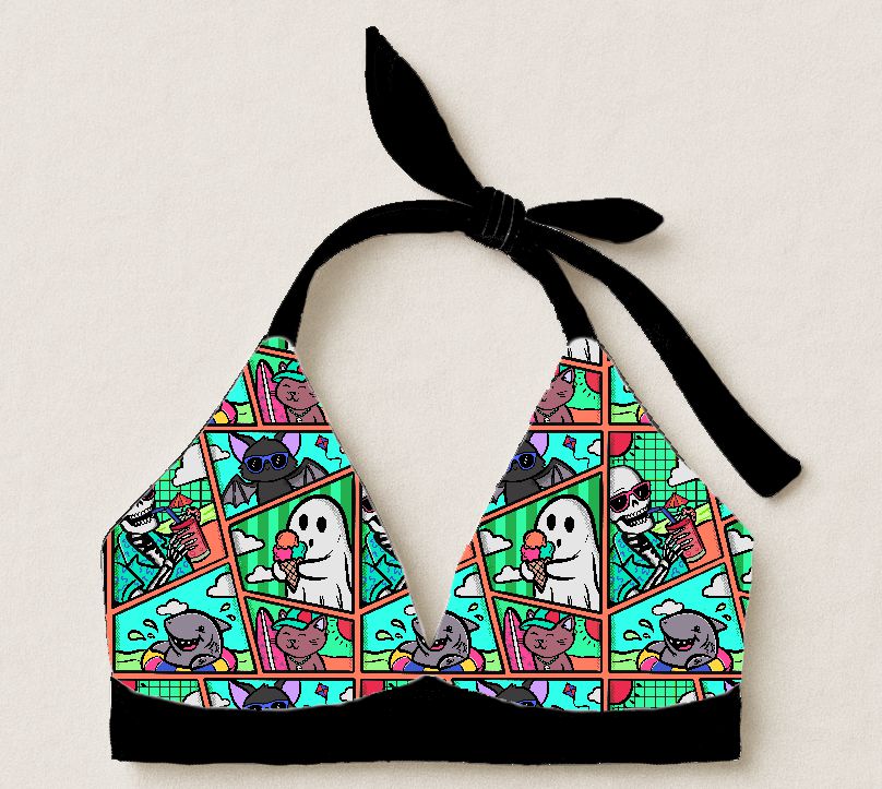 Top de bikini colorido com padrão de desenhos animados e tiras preto para amarrar.