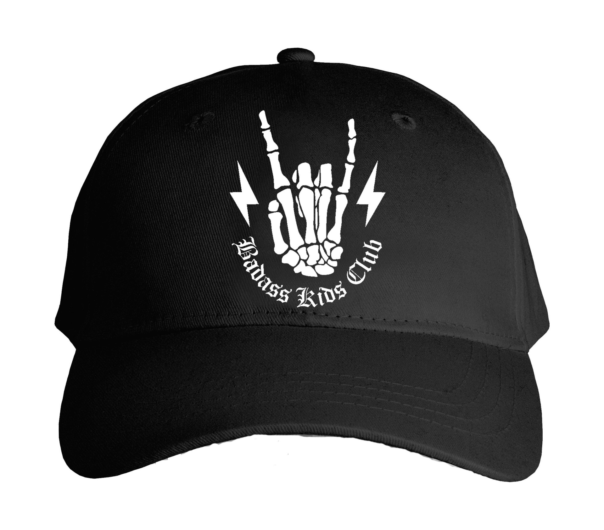 Boné preto com bordado branco de mão esqueleto e texto 'Badass Kids Club'