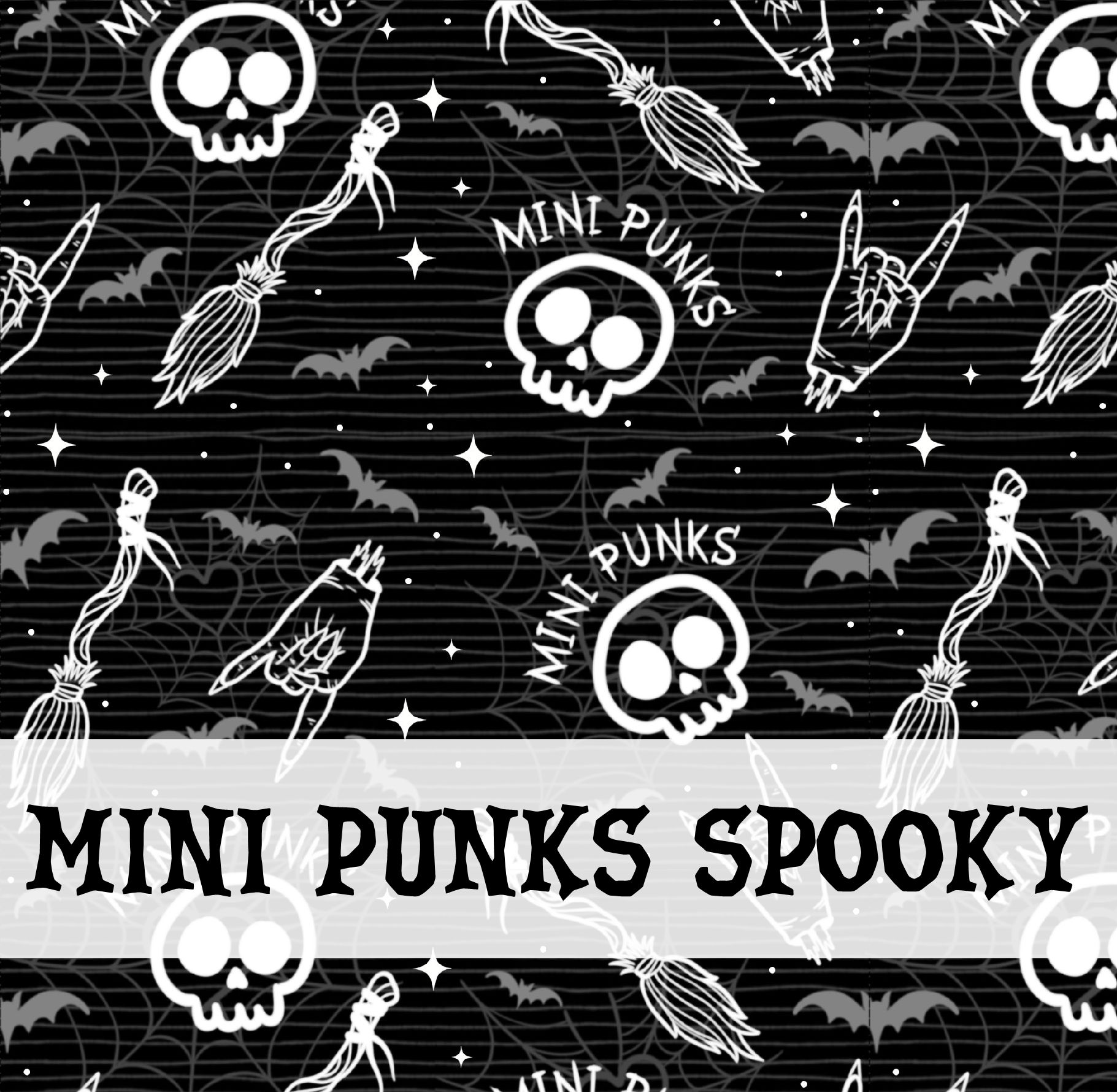 Padrão preto com caveiras, vassouras, sinais de mão e morcegos com texto MINI PUNKS SPOOKY