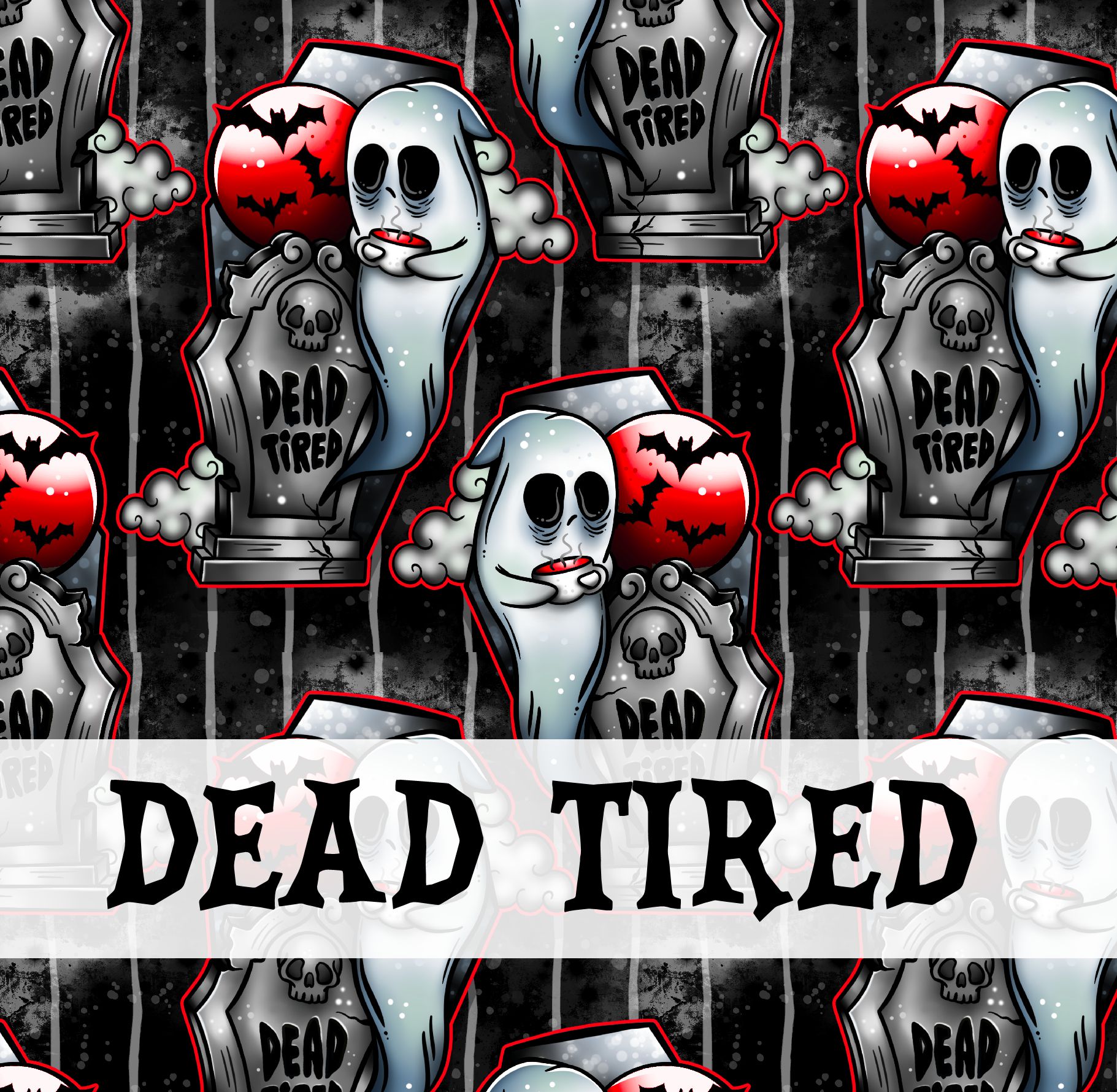 Padrão de fantasmas, lápides, texto DEAD TIRED, bolas vermelhas com morcegos e nuvens em fundo escuro