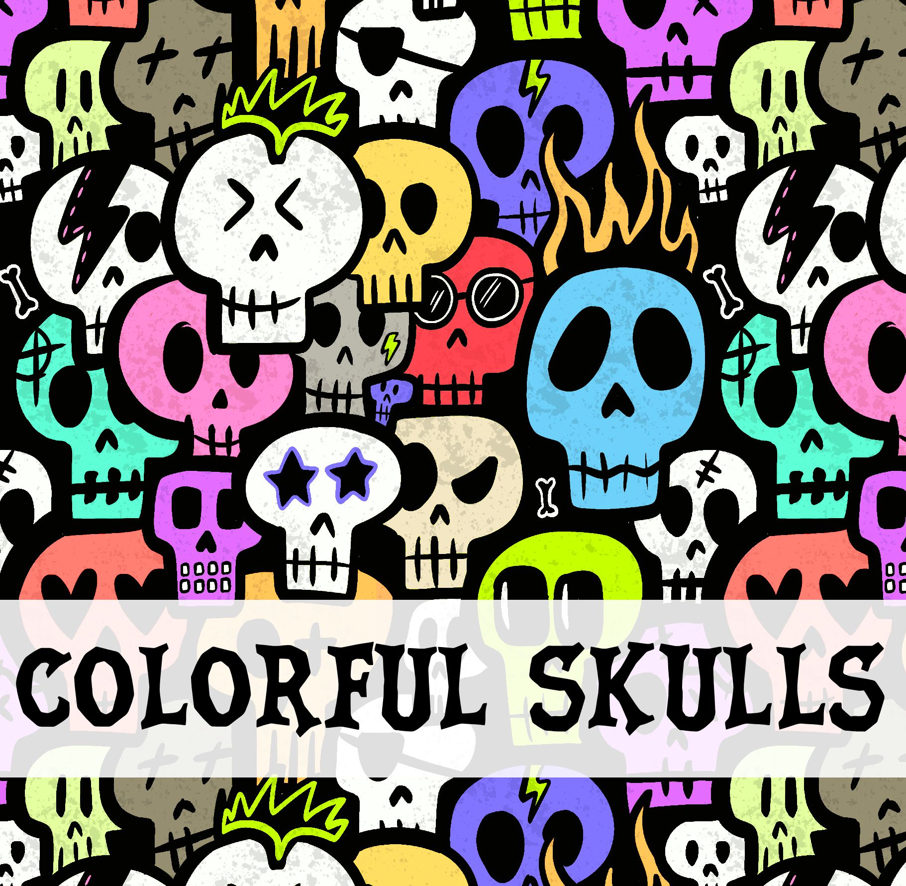 Ilustração de crânios coloridos com texto COLORFUL SKULLS