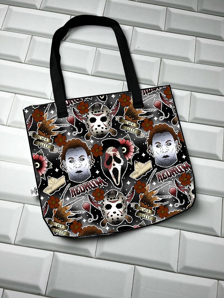 Saco de tecido com estampado de máscaras de Halloween e palavras MIDNIGHT e HALLOWEEN