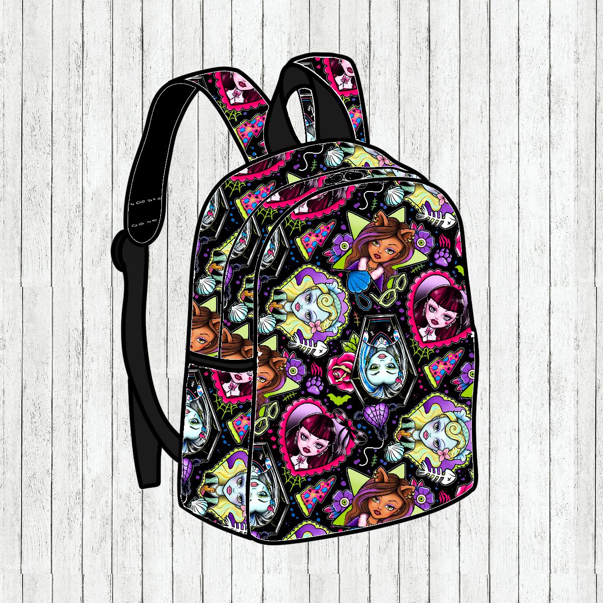 Mochila colorida com desenhos de personagens femininas em padrão repetido