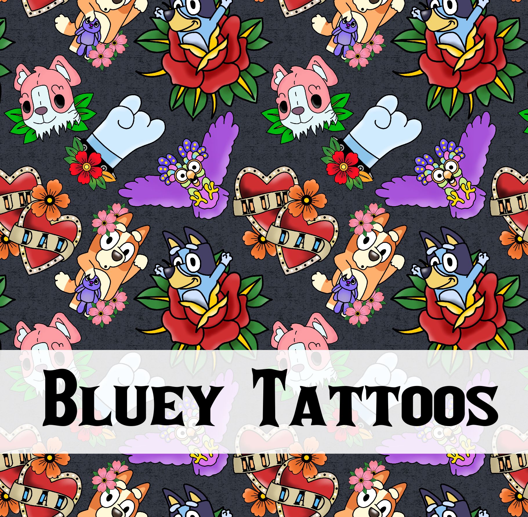 Padrão de tatuagens temporárias coloridas com texto BLUEY TATTOOS