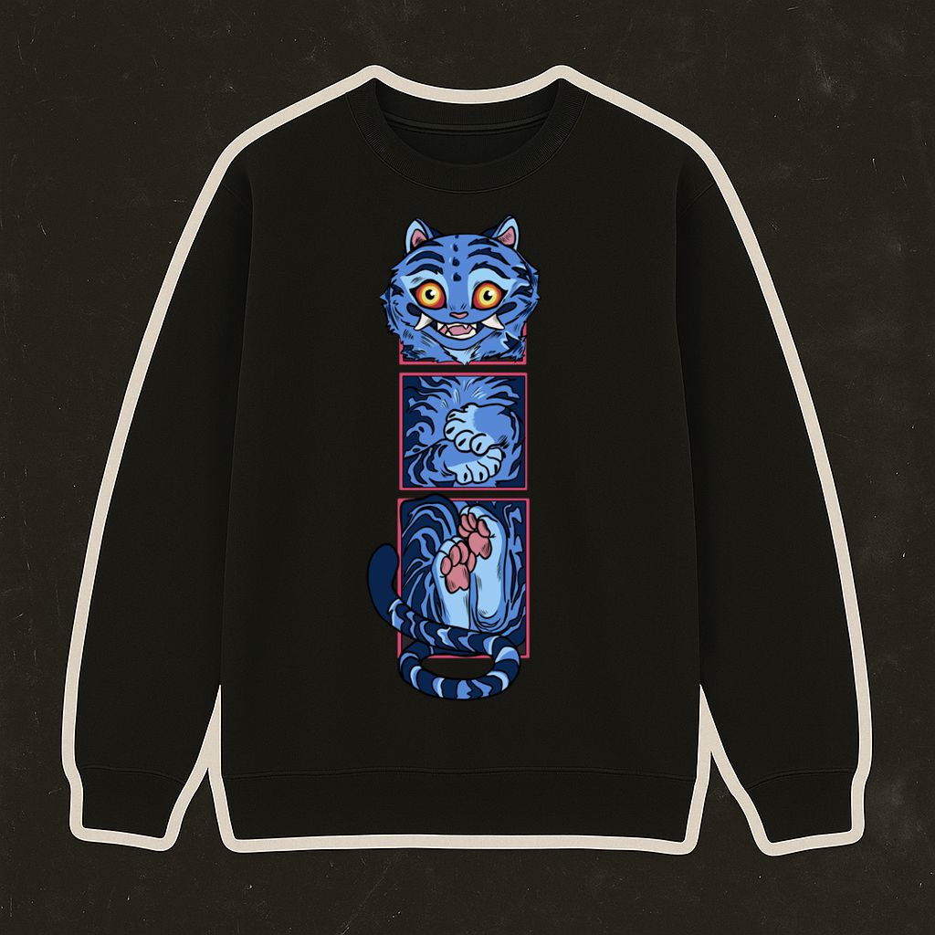 Sweatshirt preta com estampa de gato azul estilizado em três quadrados verticais