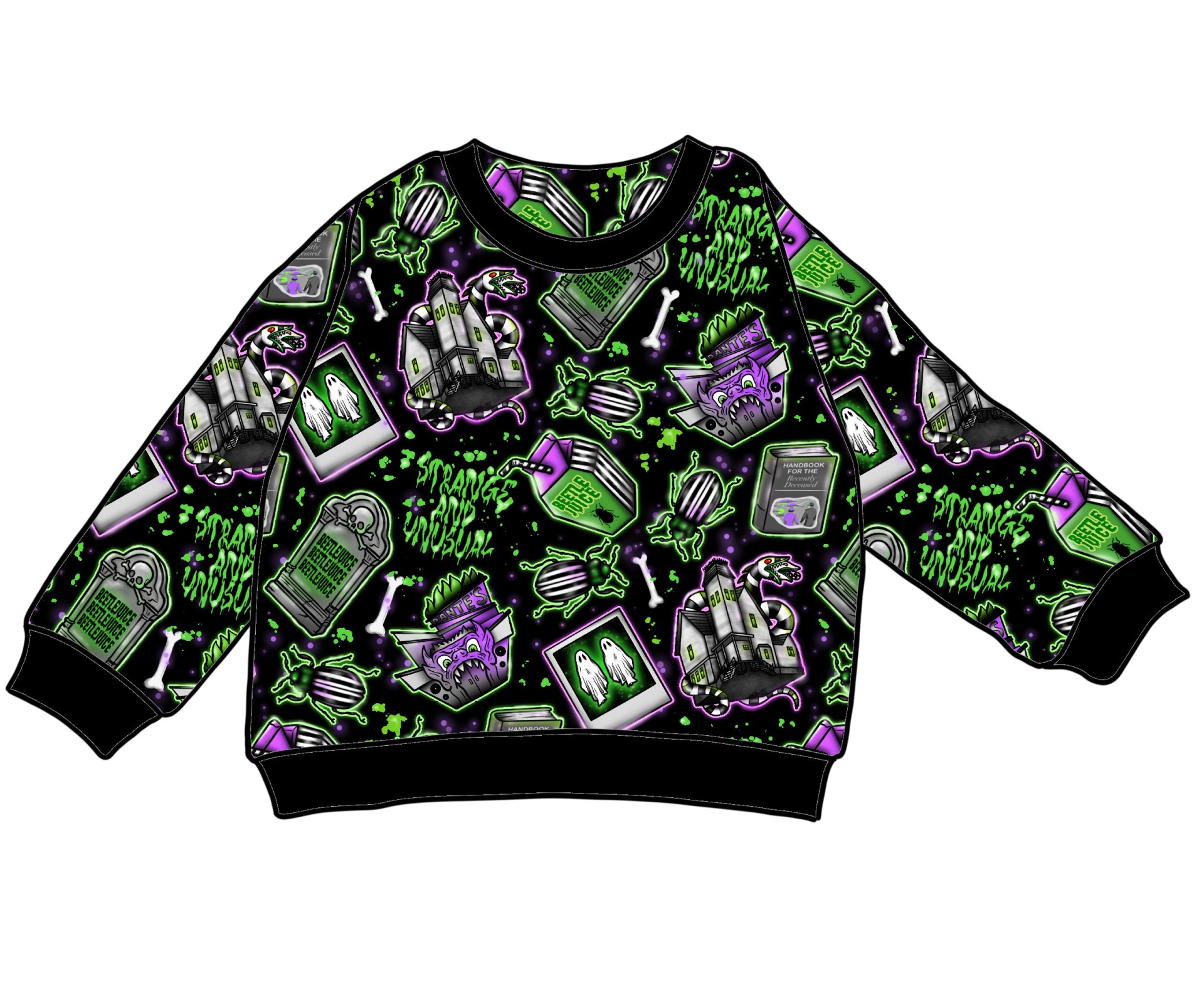 Camisola de criança preta com padrão macabro colorido