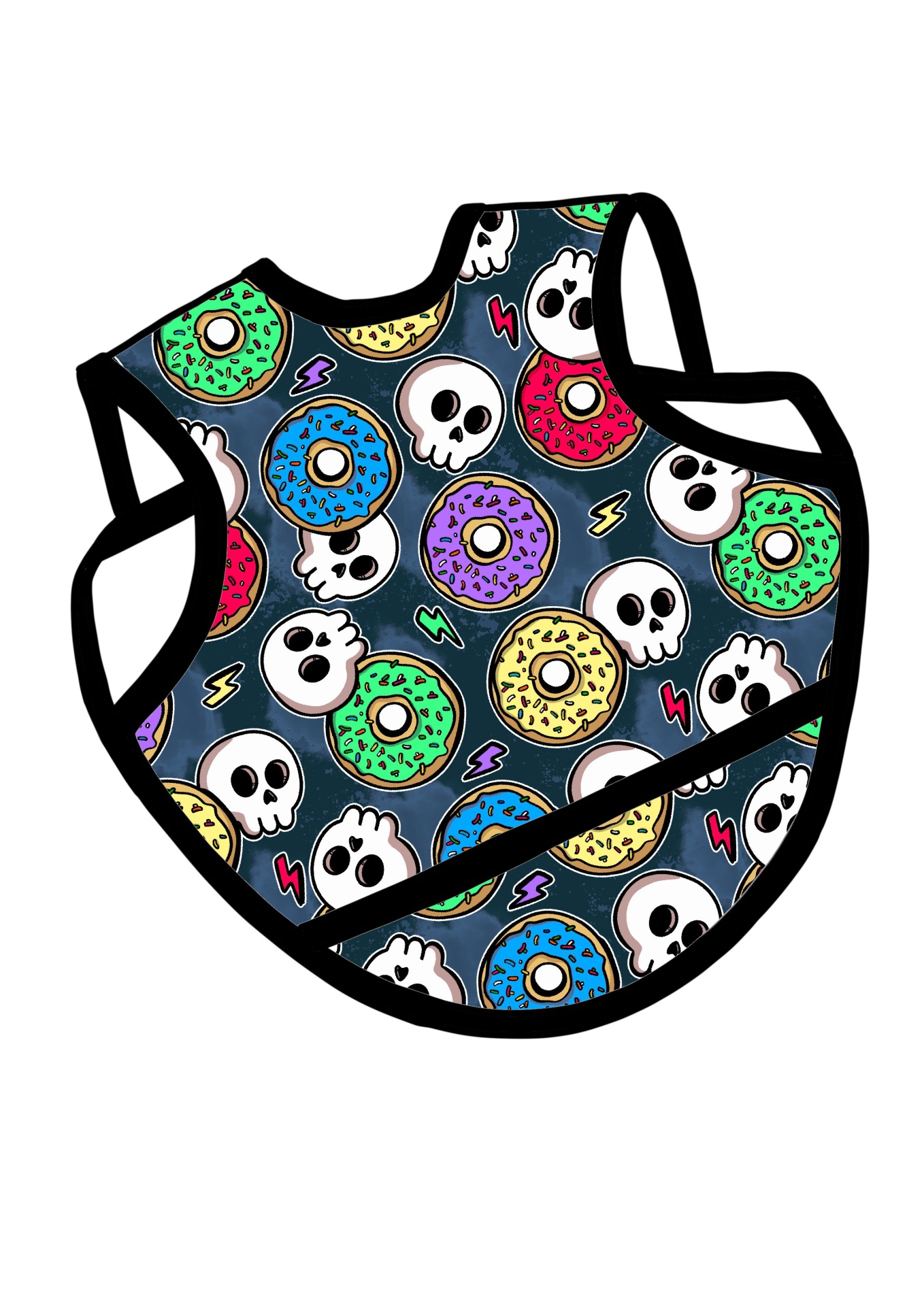 Babete para criança com padrão colorido de donuts e caveiras