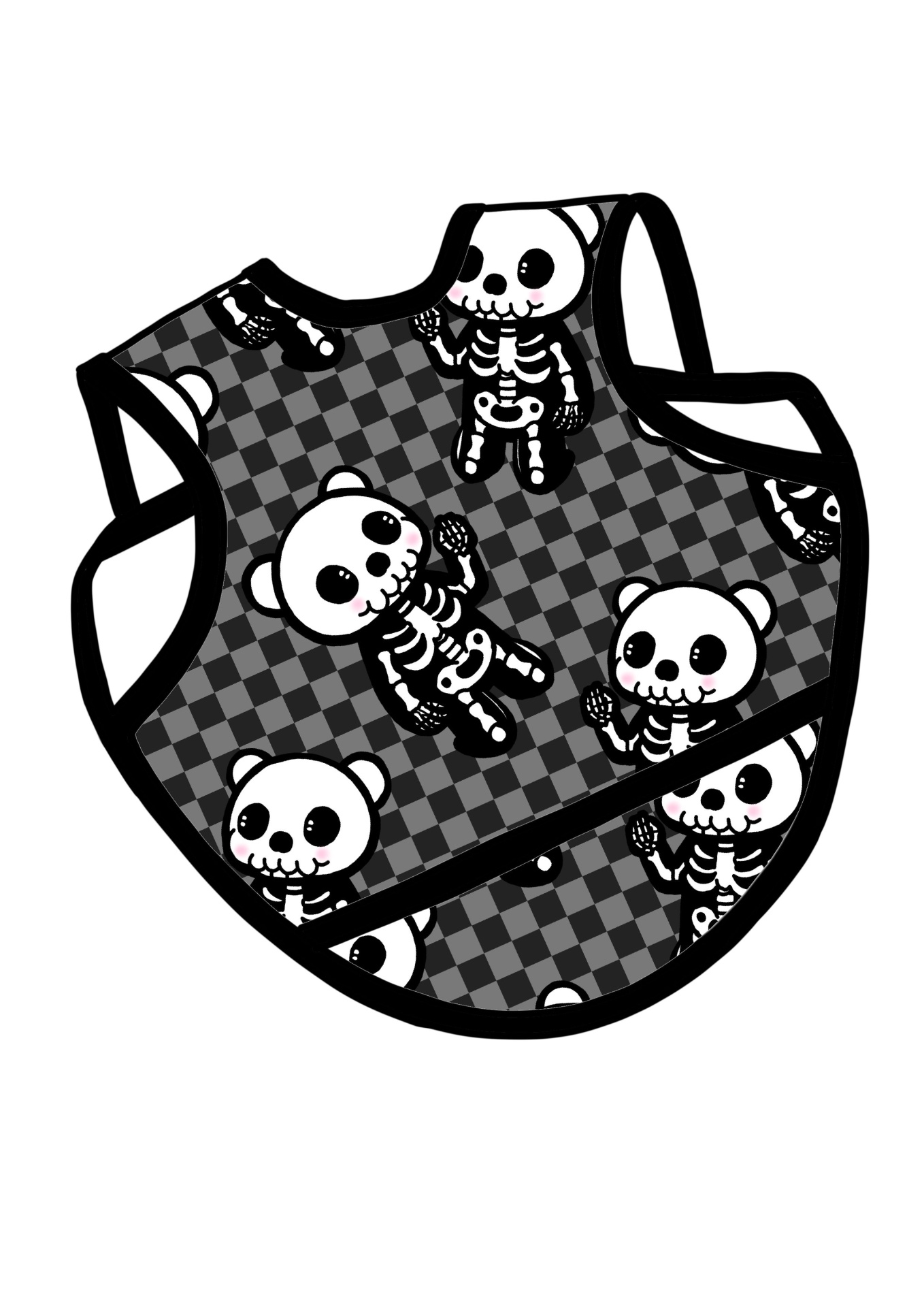 Babete para bebé com padrão de esqueletos brancos em fundo cinzento quadriculado