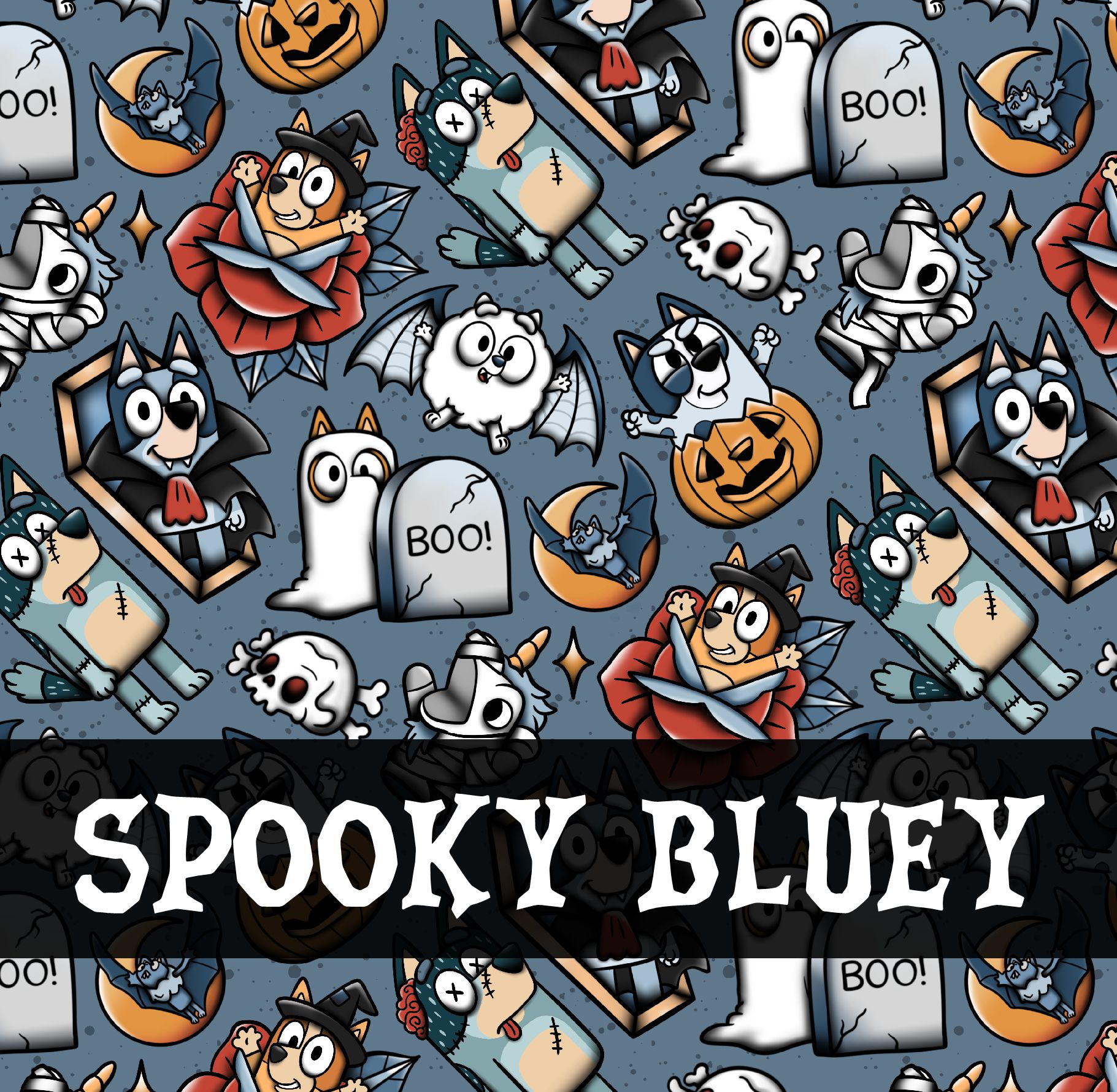 Padrão Halloween com cães cartoon, abóboras, lápides, morcegos e caveiras sobre fundo azul