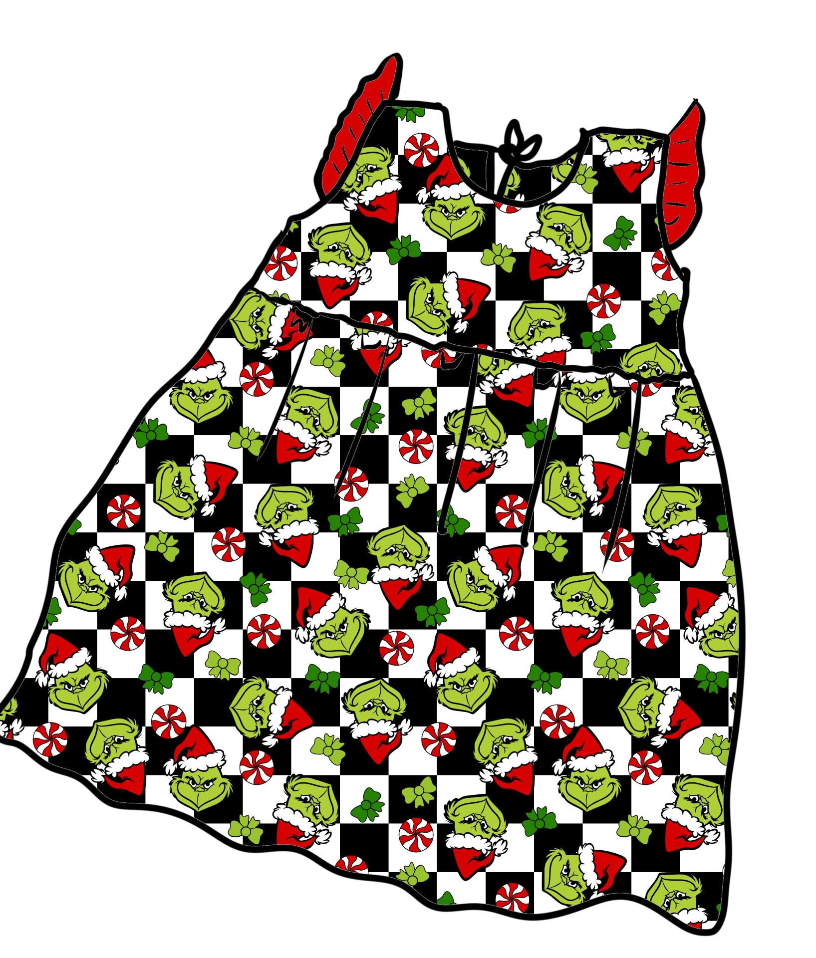 Vestido infantil natalício com padrão do Grinch e símbolos festivos