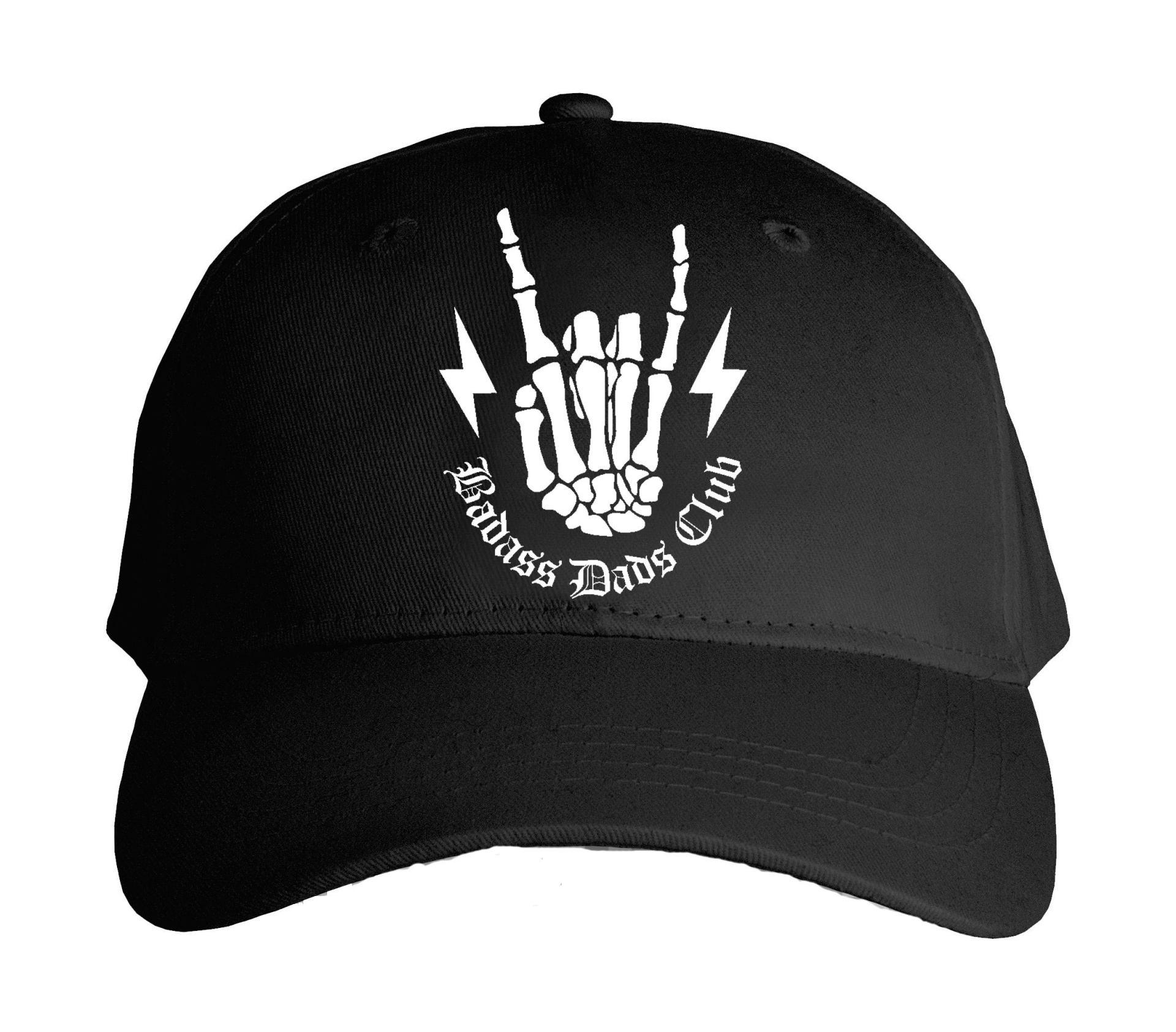 Boné preto com desenho de mão esquelética e texto Badass Dads Club