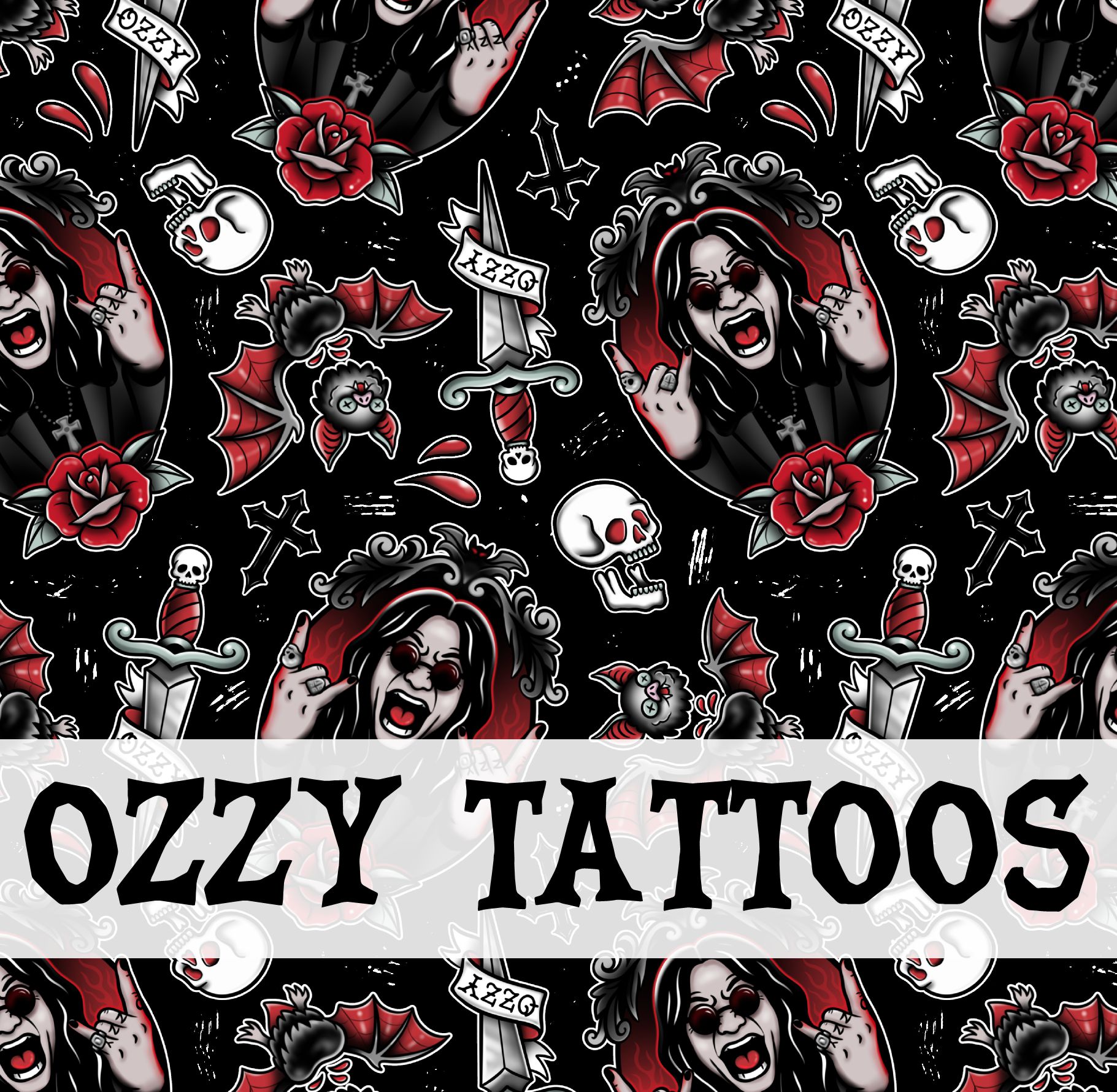 Padrão gráfico com caveiras, morcegos, rosas, adagas e retratos em preto, vermelho e branco