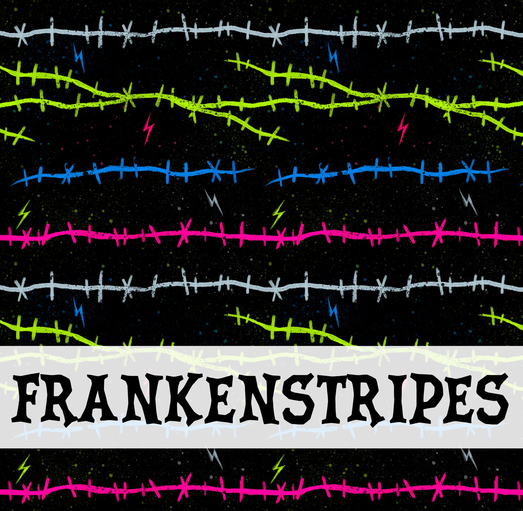 Padrão colorido com arame farpado e texto FRANKENSTRIPES