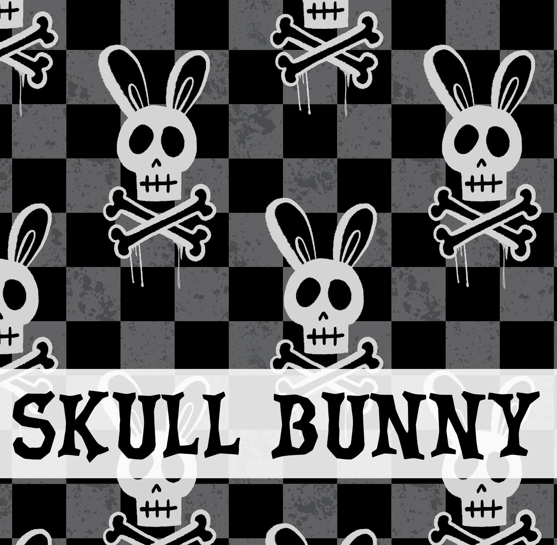 Padrão de caveira com orelhas de coelho e texto 'SKULL BUNNY'