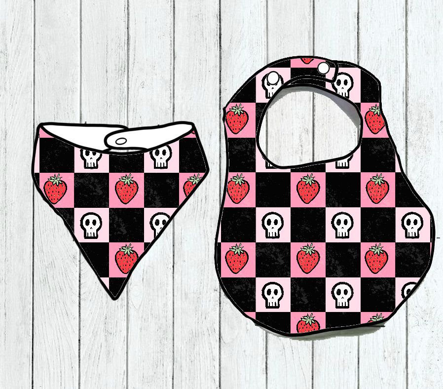 Babete e lenço de bebé quadriculados preto e rosa com morangos e caveiras