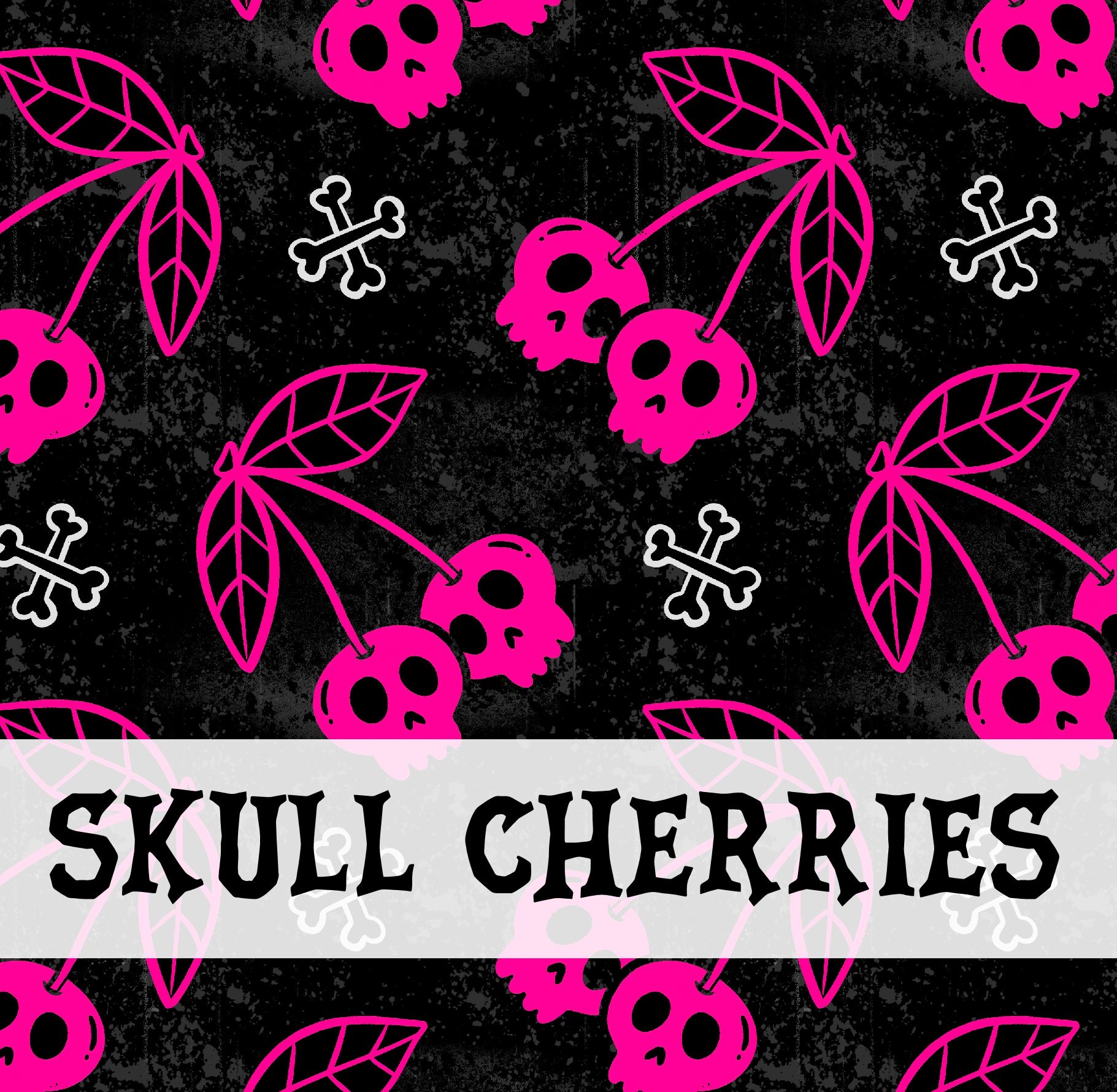 Padrão com caveiras e cerejas cor de rosa e ossos brancos sobre fundo preto com texto SKULL CHERRIES