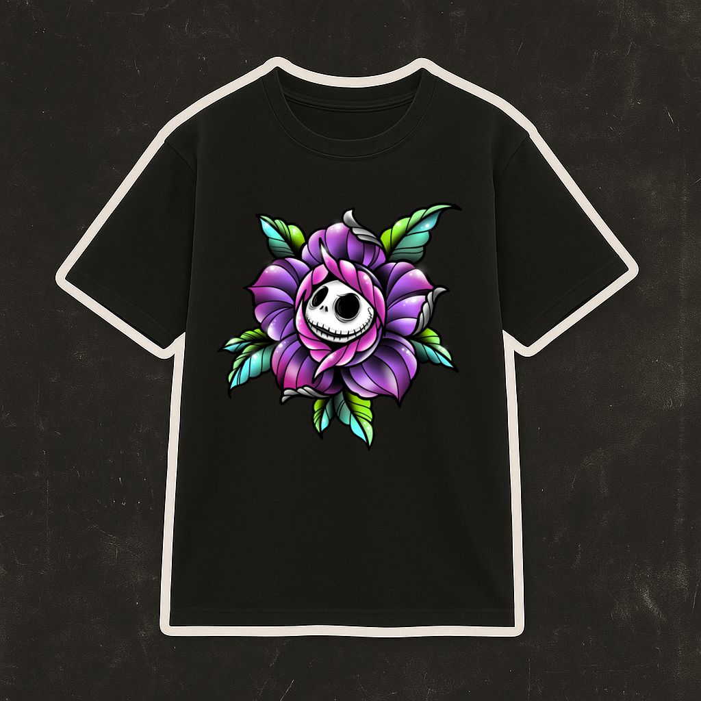 T-shirt preta com estampa de flor roxa e rosto de caveira