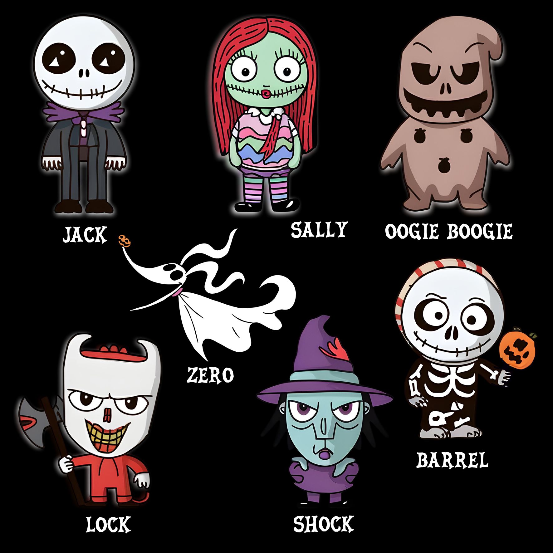 Personagens de desenho animado de Halloween sobre fundo preto