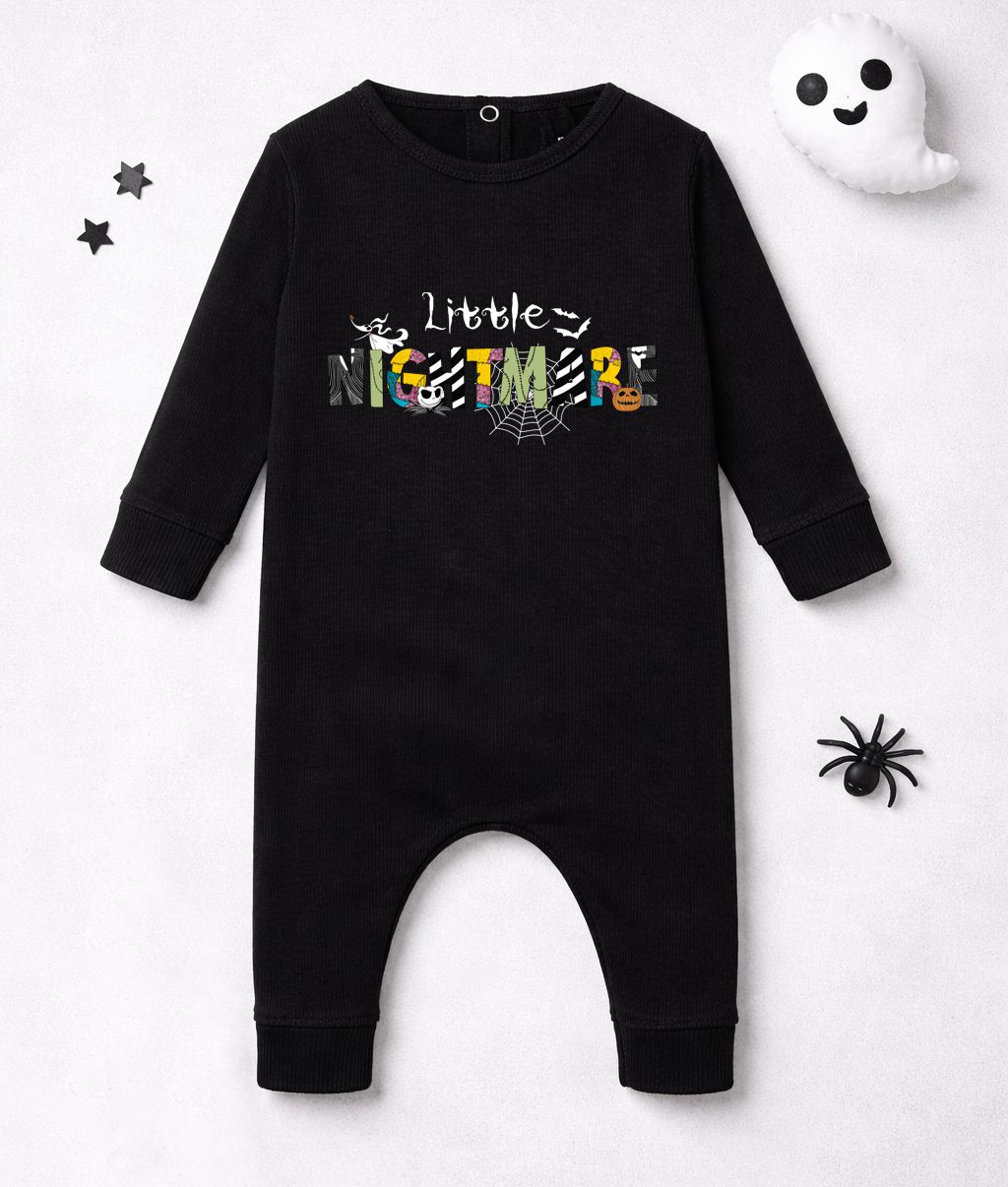Macacão preto para bebé com estampado colorido de Halloween e texto Little NIGHTMARE