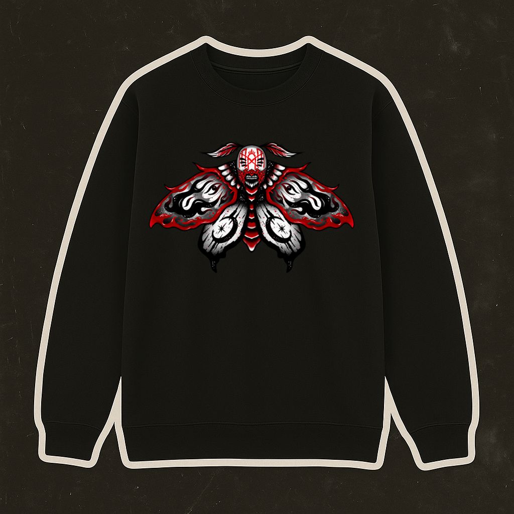 Sweatshirt preta com estampa vermelha, branca e preta de borboleta estilizada