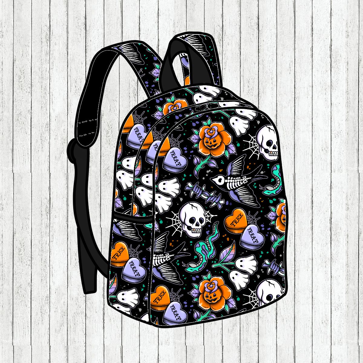 Mochila preta com padrão colorido de caveiras, flores, corações e ossos