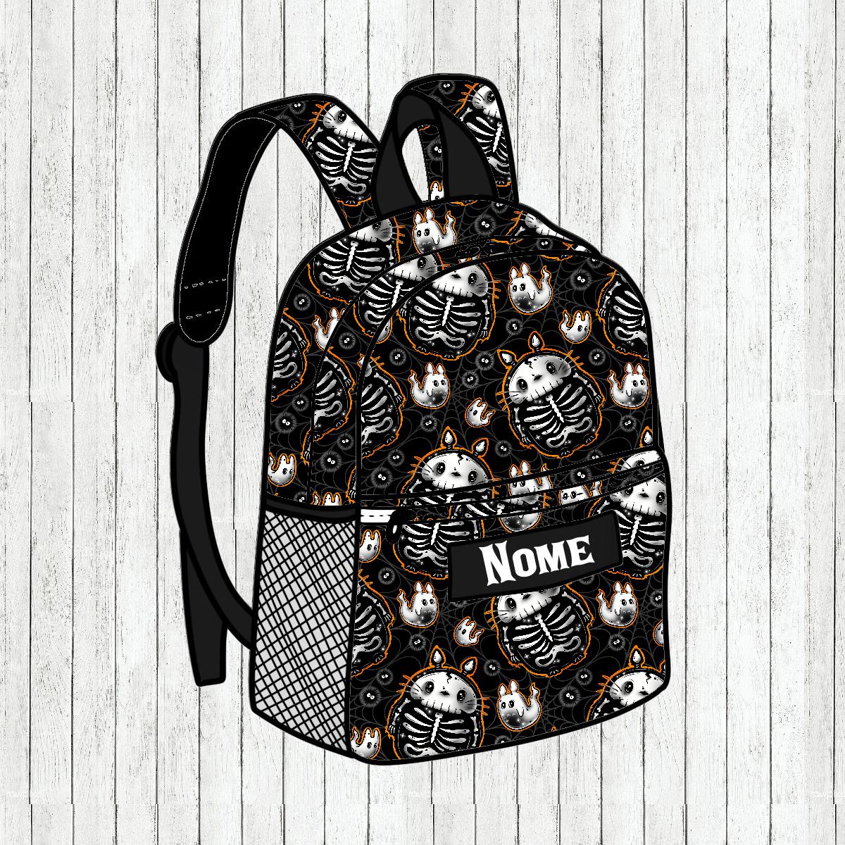 Mochila preta com padrão de esqueletos e caveiras e bolso frontal 'NOME'