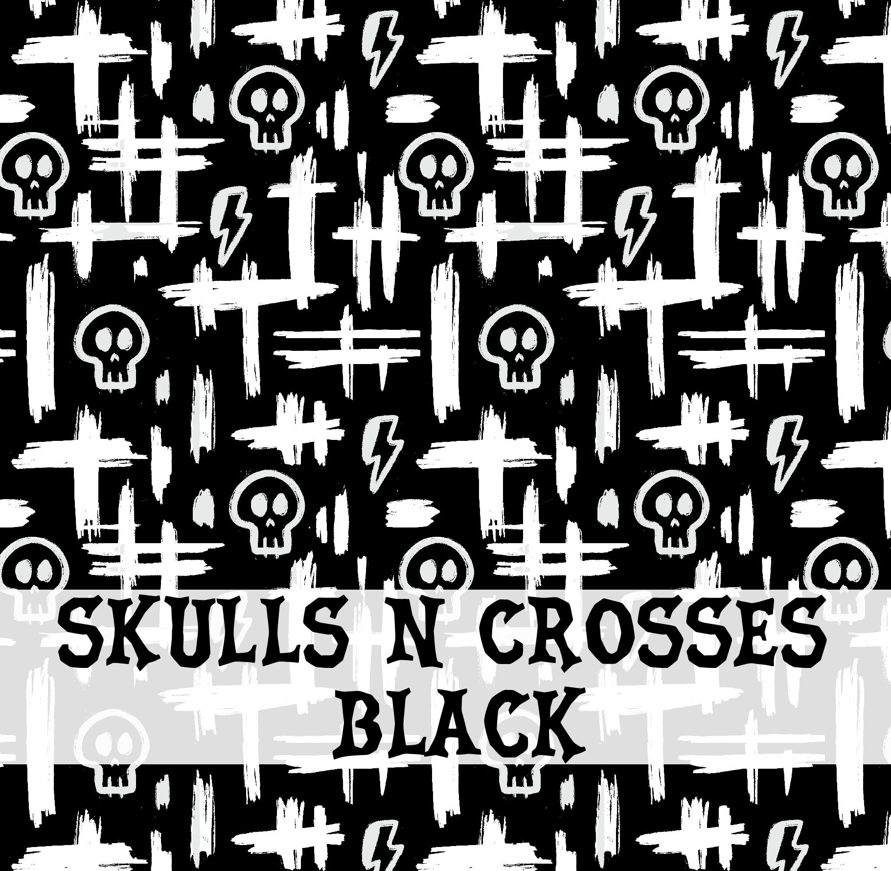 Padrão preto com caveiras, cruzes e relâmpagos brancos e texto skuls n crosses black