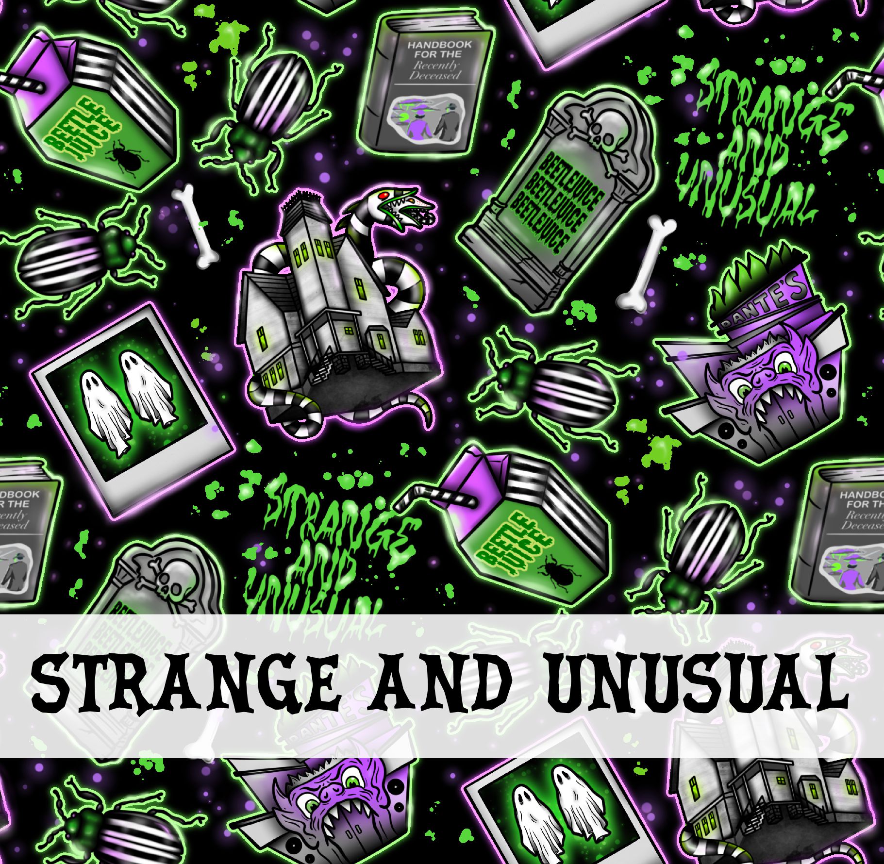 Padrão colorido com elementos de tema estranho e incomum, texto STRANGE AND UNUSUAL