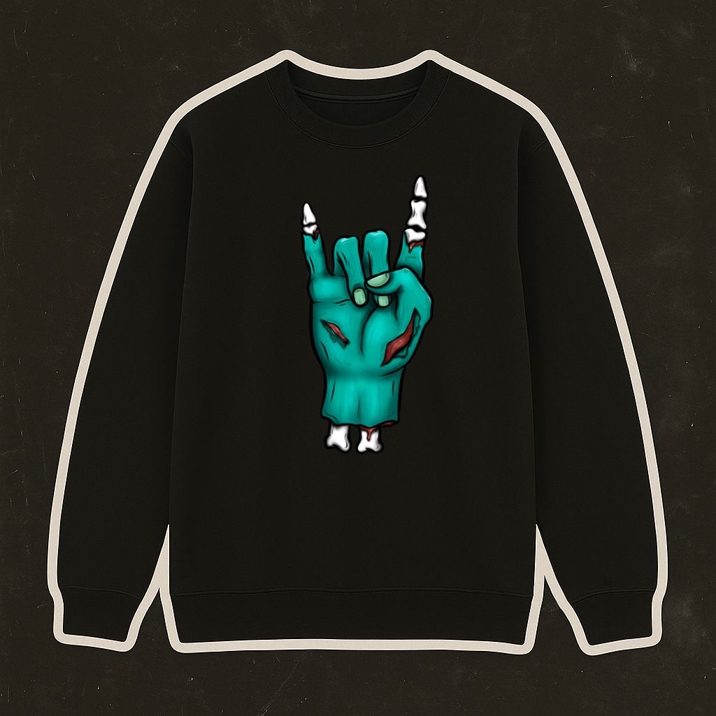 Sweatshirt preta com padrão de mão esverdeada em pose de 'rock on'