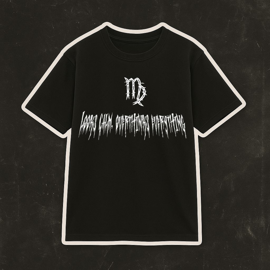 T-shirt preta com símbolo de Virgem e texto branco estilizado no centro.